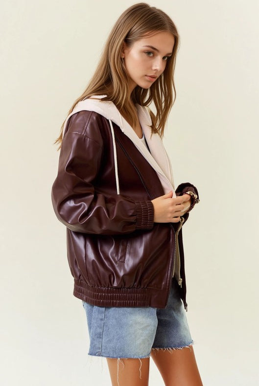 Vegan Leather Hooded Jacket W/ Welt Pocket-Jackets-Krush Kandy, Women's Online Fashion Boutique Located in Phoenix, Arizona (Scottsdale Area)