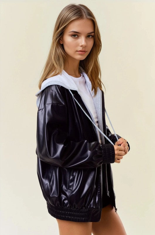Vegan Leather Hooded Jacket W/ Welt Pocket-Jackets-Krush Kandy, Women's Online Fashion Boutique Located in Phoenix, Arizona (Scottsdale Area)