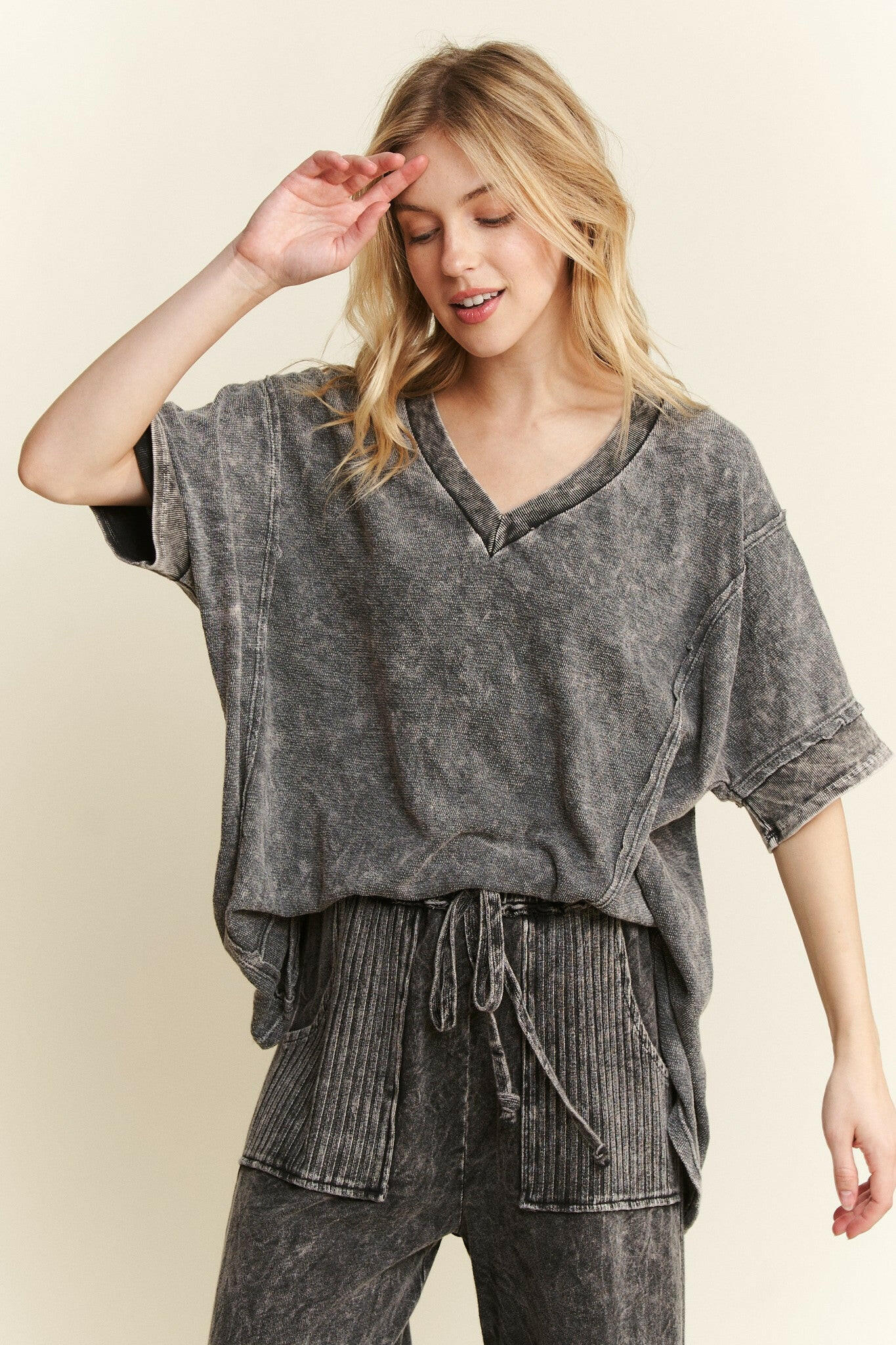 J.HER Mineral Wash V-neck Soft Terry Towel Top-Tops-Krush Kandy, Women's Online Fashion Boutique Located in Phoenix, Arizona (Scottsdale Area)