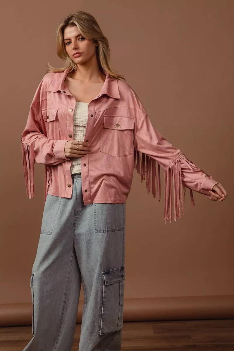 BiBi Suede Fringe Long Sleeve Jacket-Jacket-Krush Kandy, Women's Online Fashion Boutique Located in Phoenix, Arizona (Scottsdale Area)