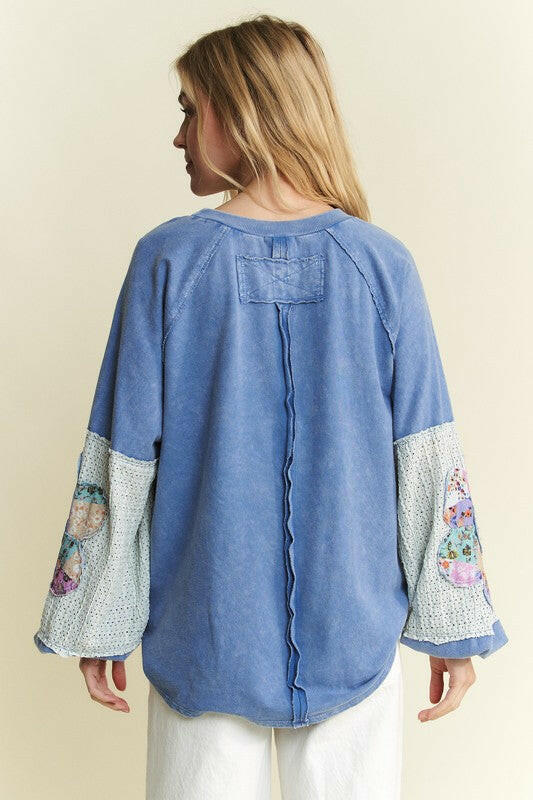 Patchwork Bloom Sleeve Pullover-Long Sleeve Tops-Krush Kandy, Women's Online Fashion Boutique Located in Phoenix, Arizona (Scottsdale Area)