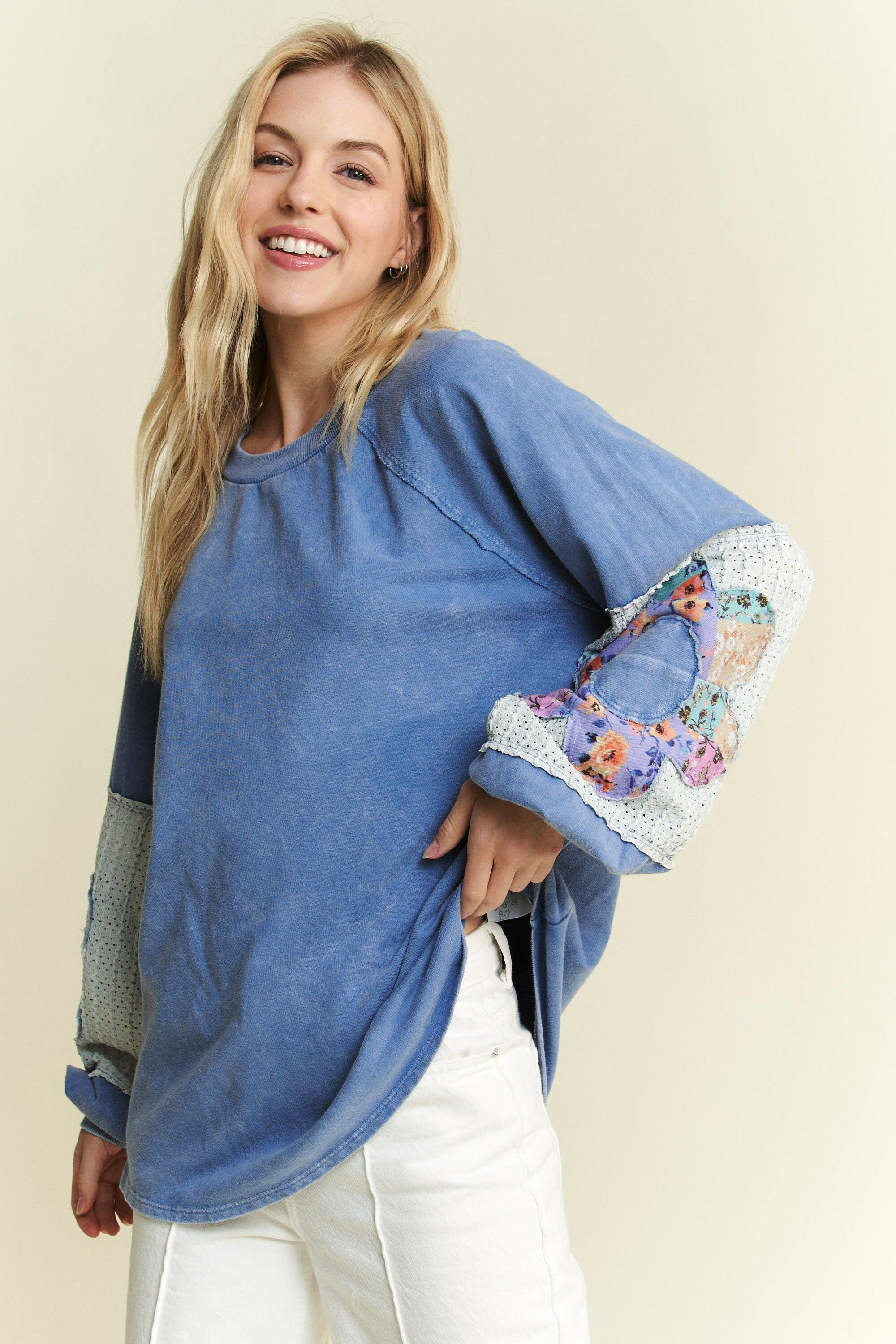 Patchwork Bloom Sleeve Pullover-Long Sleeve Tops-Krush Kandy, Women's Online Fashion Boutique Located in Phoenix, Arizona (Scottsdale Area)