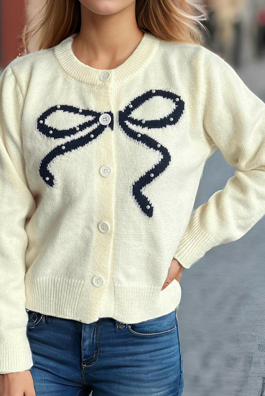 Bow Button Down Round Neck Cardigan-Krush Kandy, Women's Online Fashion Boutique Located in Phoenix, Arizona (Scottsdale Area)