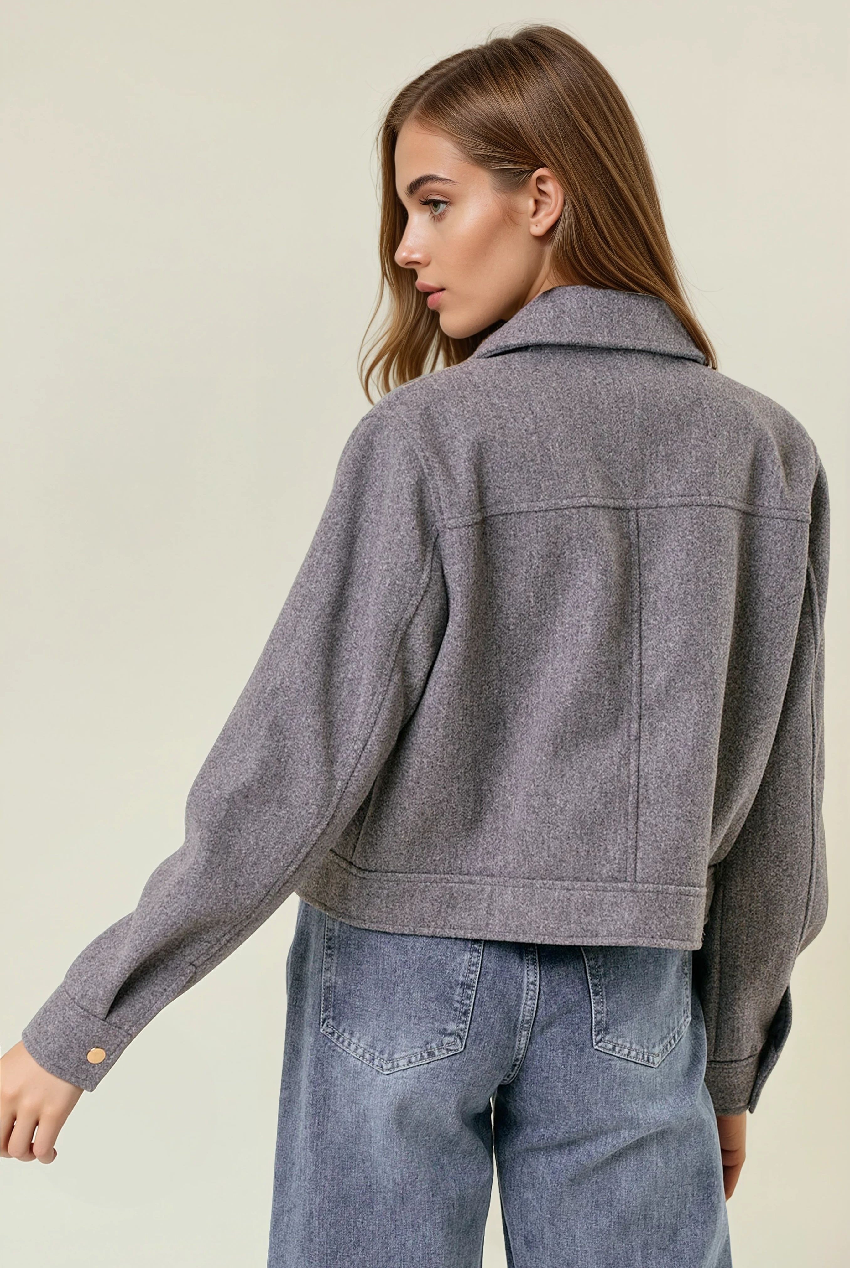 Collared Neck Long Sleeve Zip Jacket with Patch Pockets-Jackets-Krush Kandy, Women's Online Fashion Boutique Located in Phoenix, Arizona (Scottsdale Area)