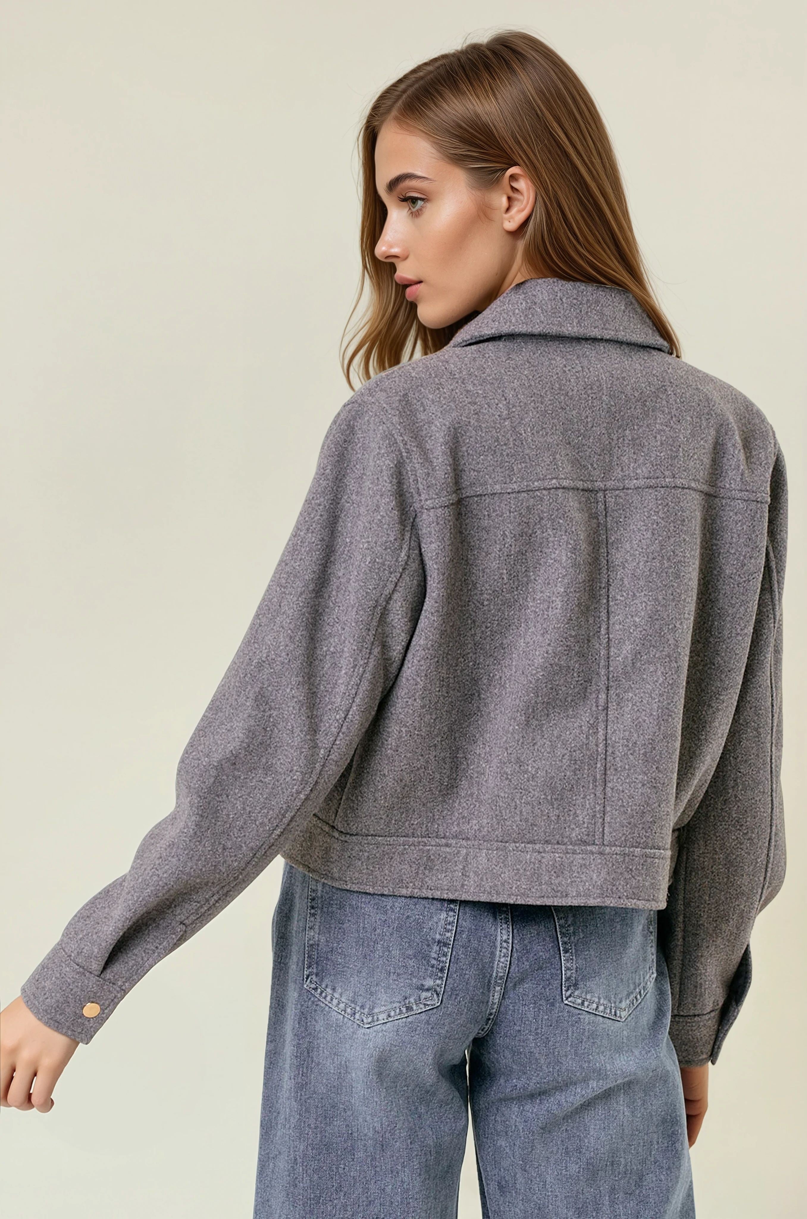 Collared Neck Long Sleeve Zip Jacket with Patch Pockets-Jackets-Krush Kandy, Women's Online Fashion Boutique Located in Phoenix, Arizona (Scottsdale Area)