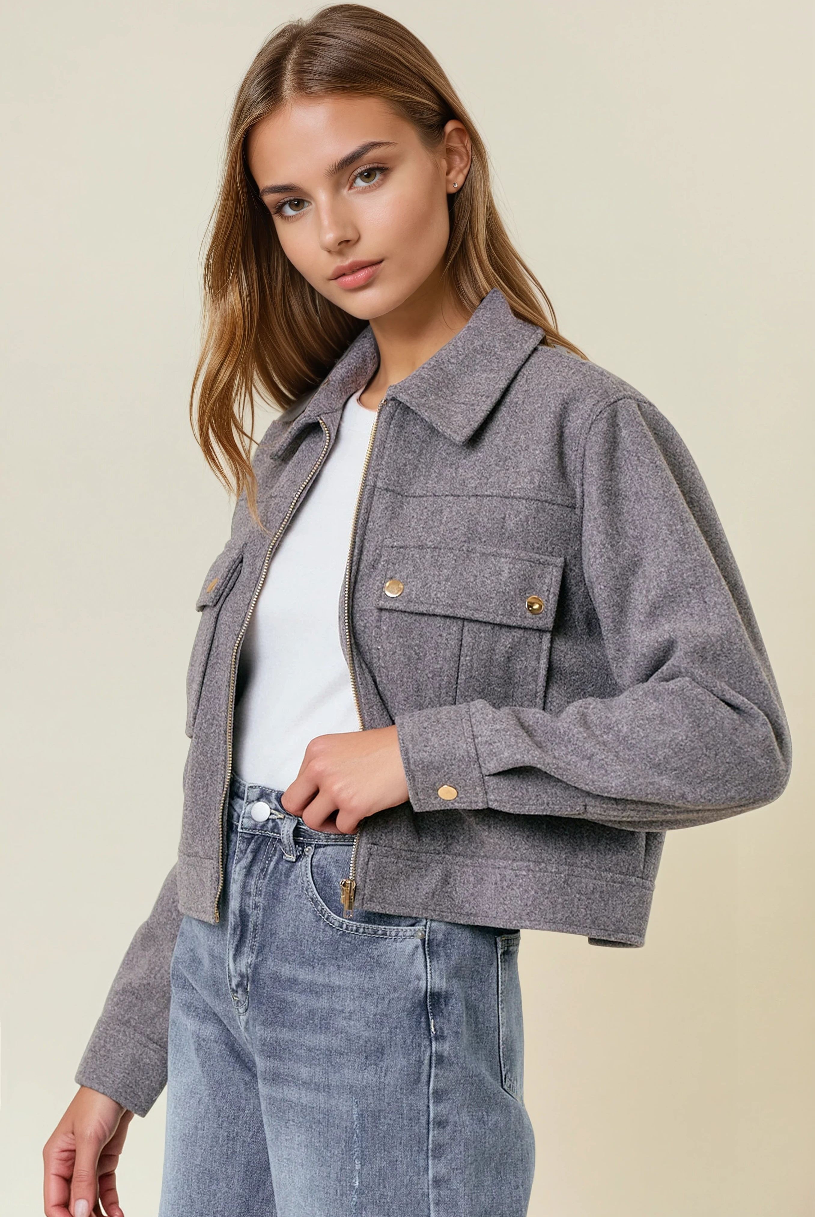 Collared Neck Long Sleeve Zip Jacket with Patch Pockets-Jackets-Krush Kandy, Women's Online Fashion Boutique Located in Phoenix, Arizona (Scottsdale Area)