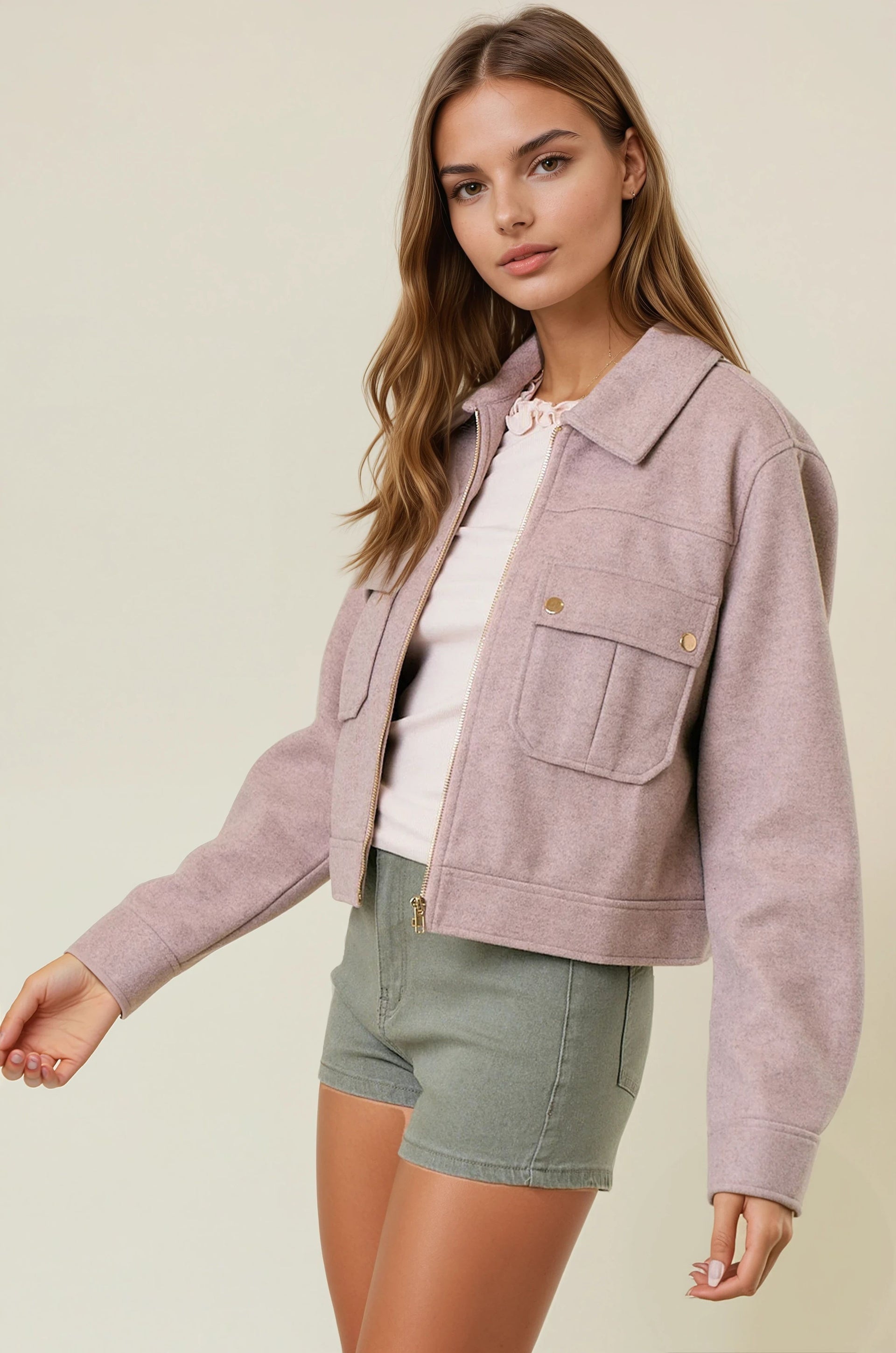 Collared Neck Long Sleeve Zip Jacket with Patch Pockets-Jackets-Krush Kandy, Women's Online Fashion Boutique Located in Phoenix, Arizona (Scottsdale Area)