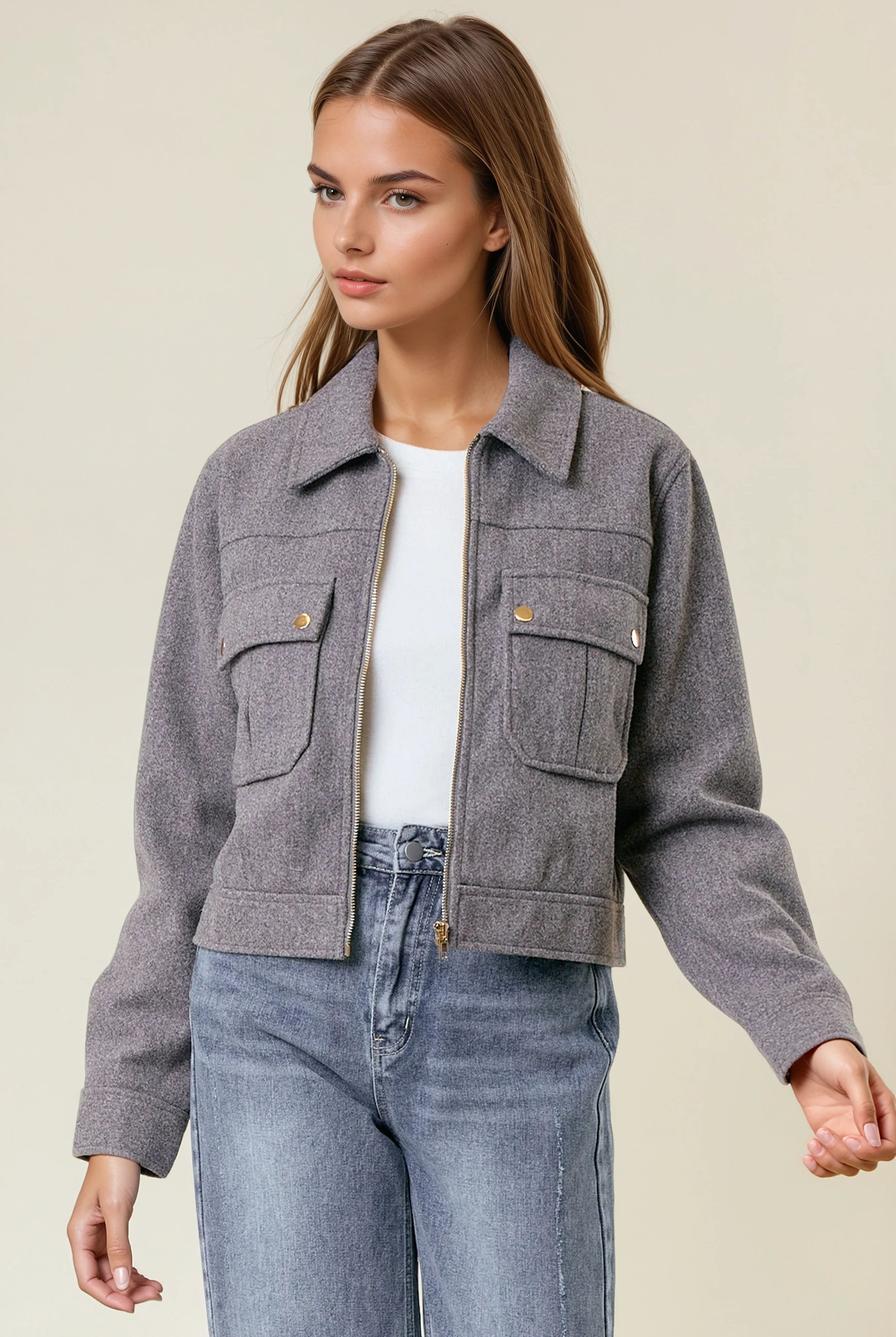 Collared Neck Long Sleeve Zip Jacket with Patch Pockets-Jackets-Krush Kandy, Women's Online Fashion Boutique Located in Phoenix, Arizona (Scottsdale Area)