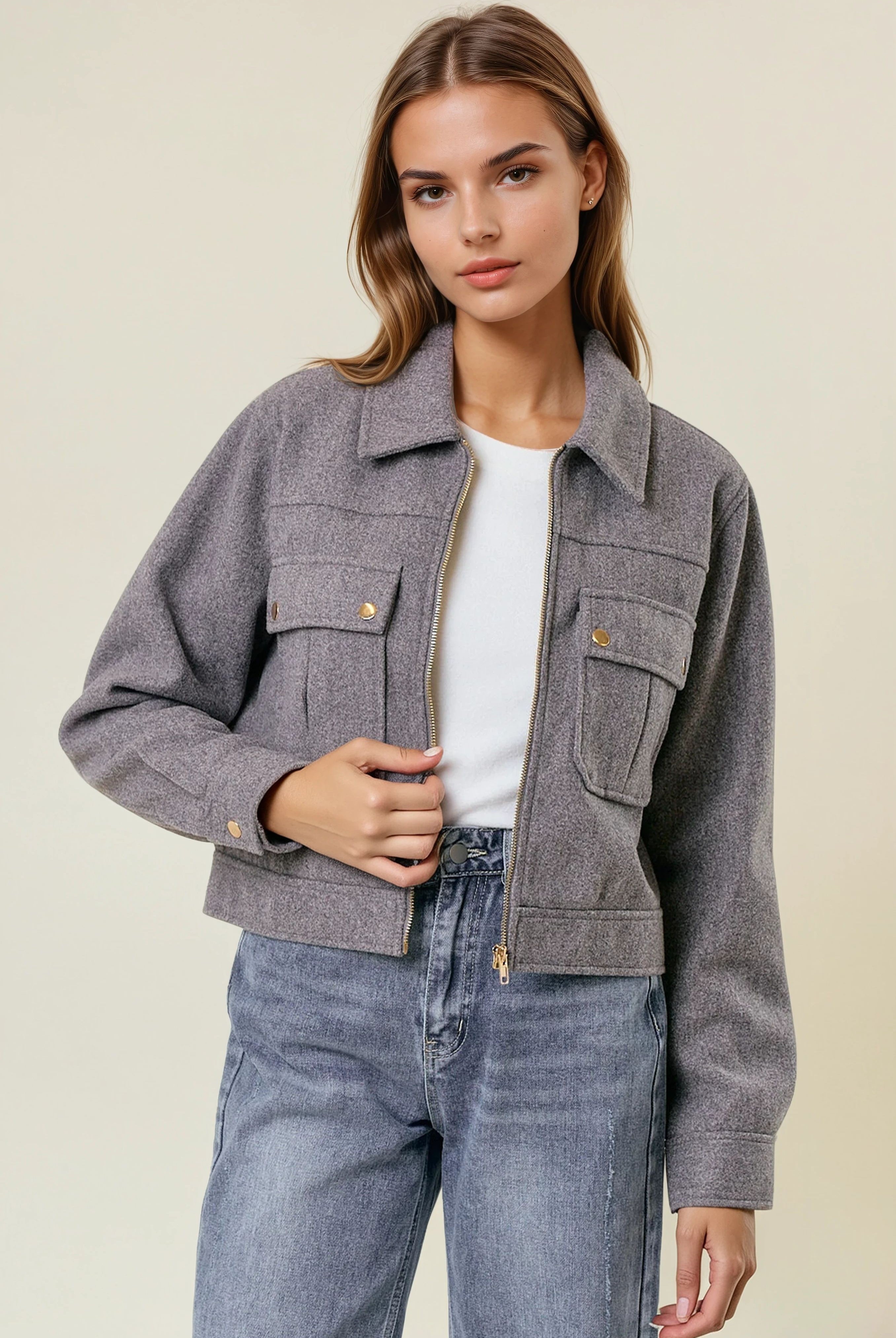 Collared Neck Long Sleeve Zip Jacket with Patch Pockets-Jackets-Krush Kandy, Women's Online Fashion Boutique Located in Phoenix, Arizona (Scottsdale Area)
