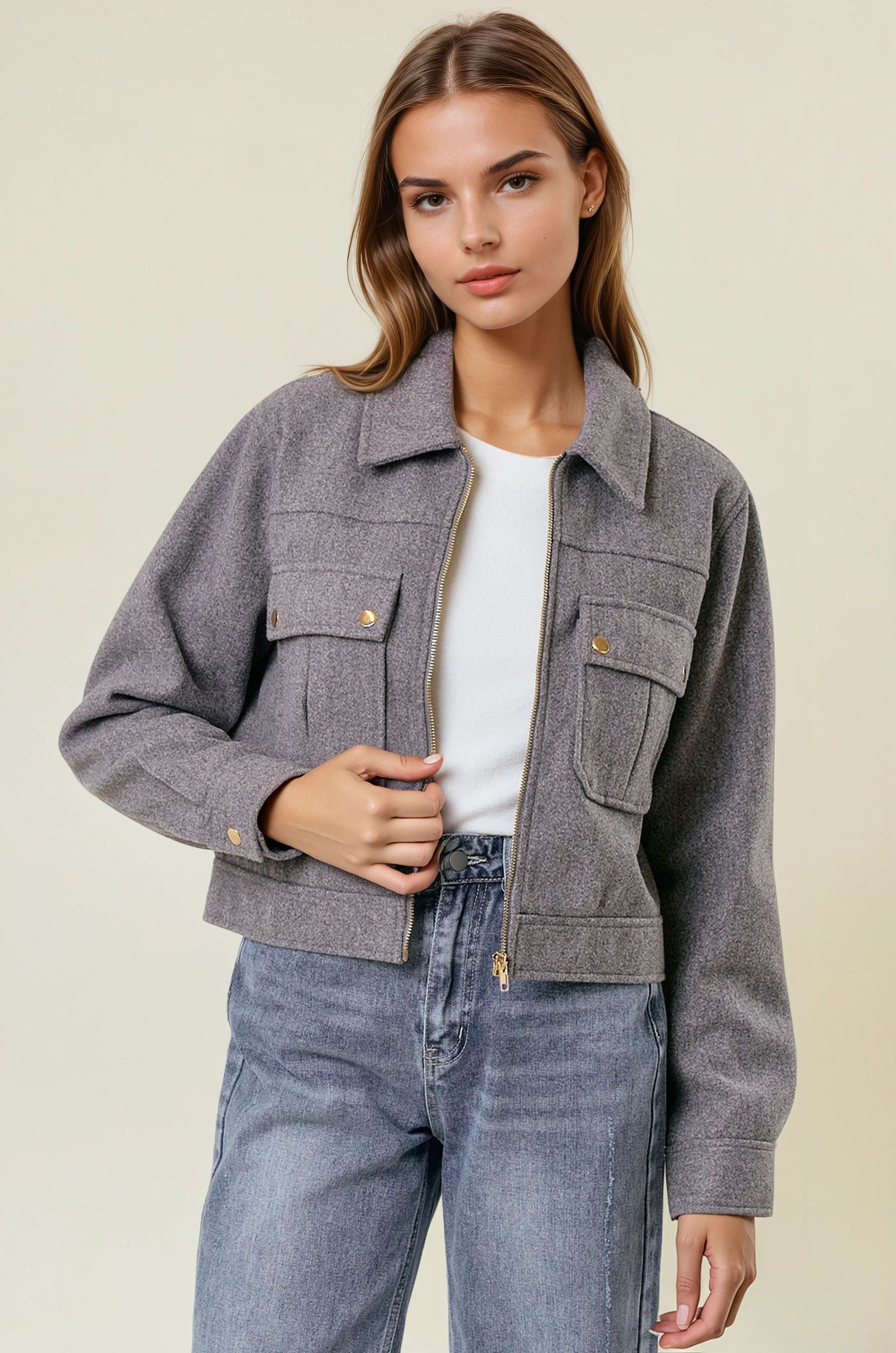 Collared Neck Long Sleeve Zip Jacket with Patch Pockets-Jackets-Krush Kandy, Women's Online Fashion Boutique Located in Phoenix, Arizona (Scottsdale Area)