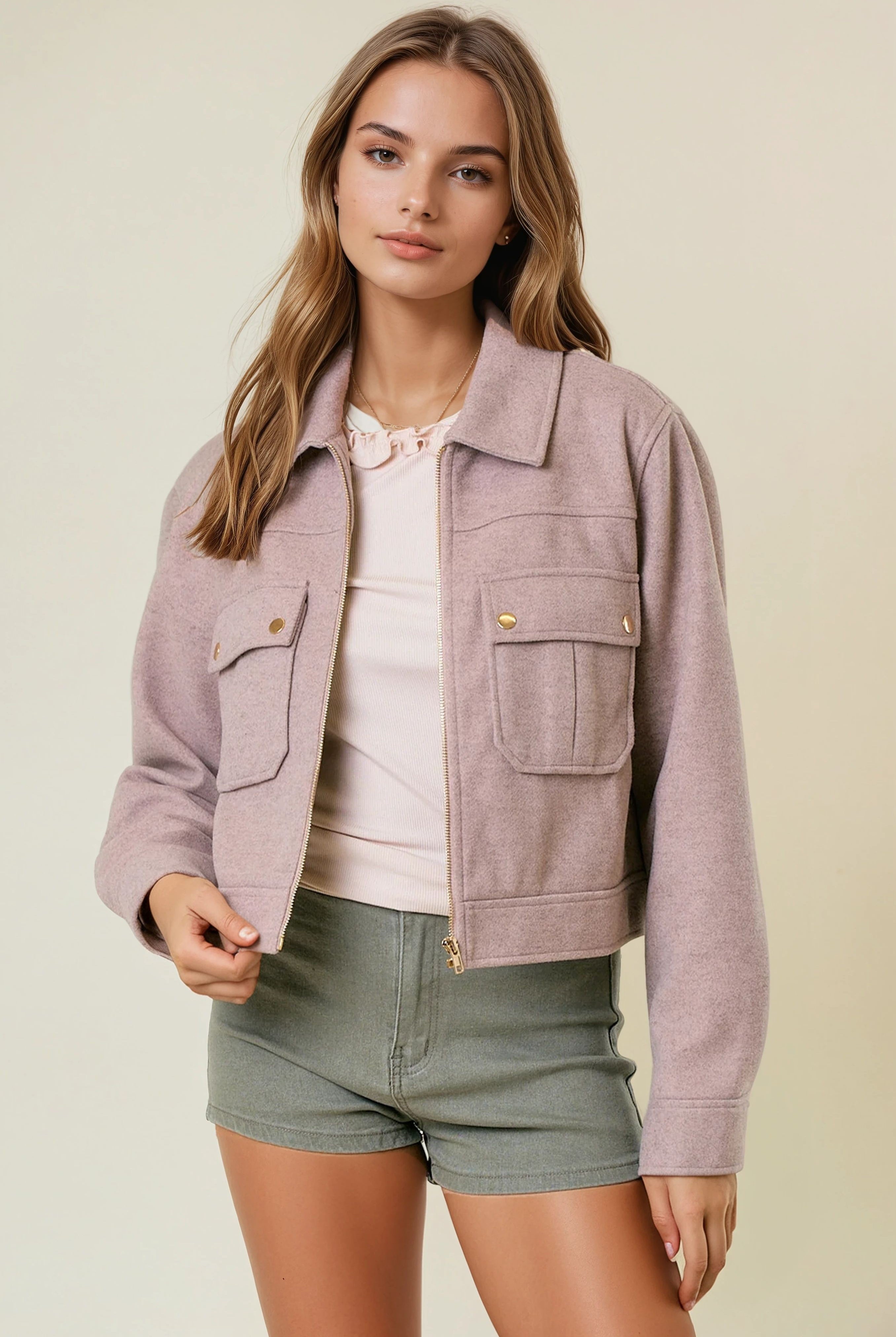 Collared Neck Long Sleeve Zip Jacket with Patch Pockets-Jackets-Krush Kandy, Women's Online Fashion Boutique Located in Phoenix, Arizona (Scottsdale Area)