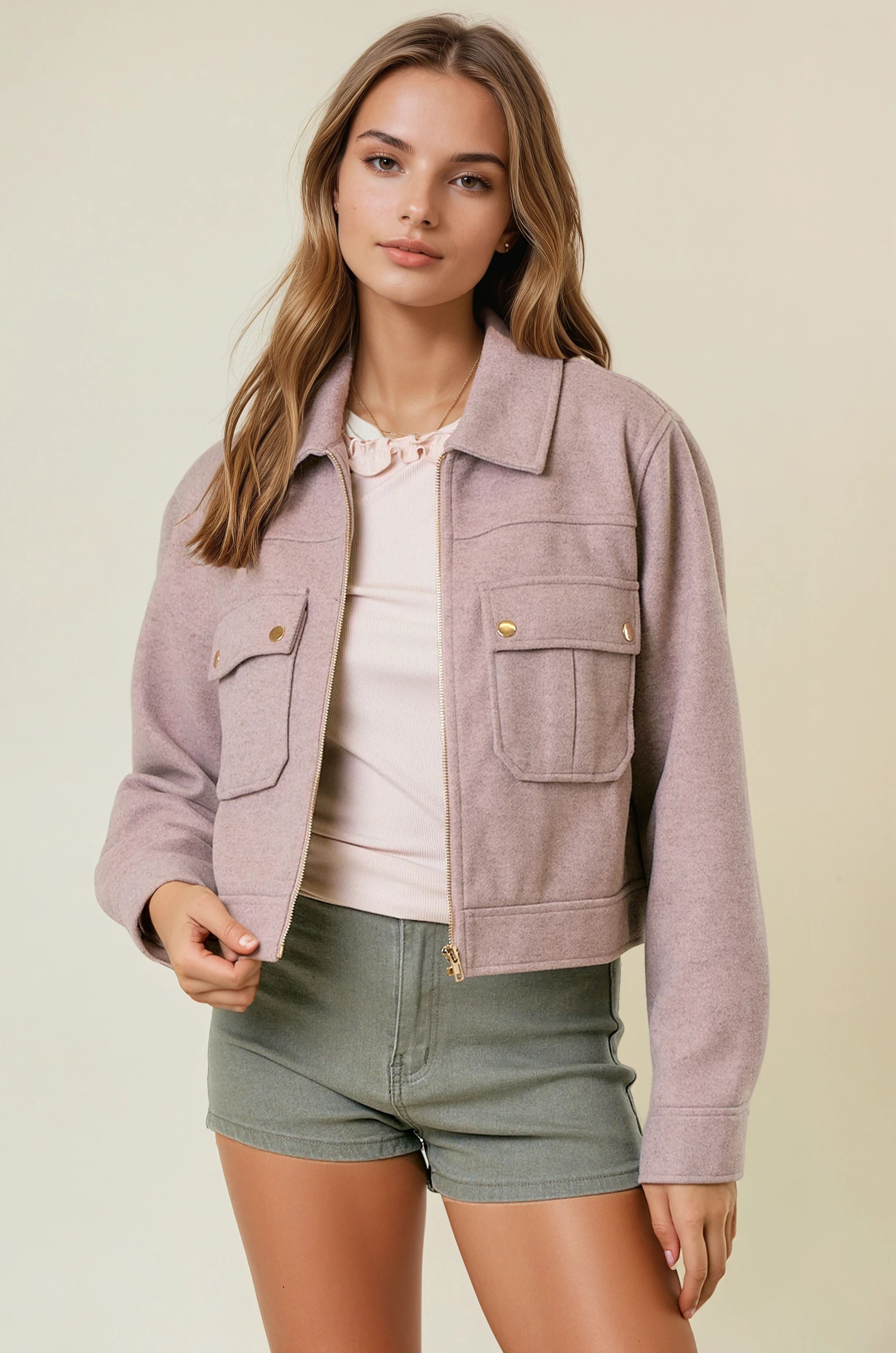 Collared Neck Long Sleeve Zip Jacket with Patch Pockets-Jackets-Krush Kandy, Women's Online Fashion Boutique Located in Phoenix, Arizona (Scottsdale Area)