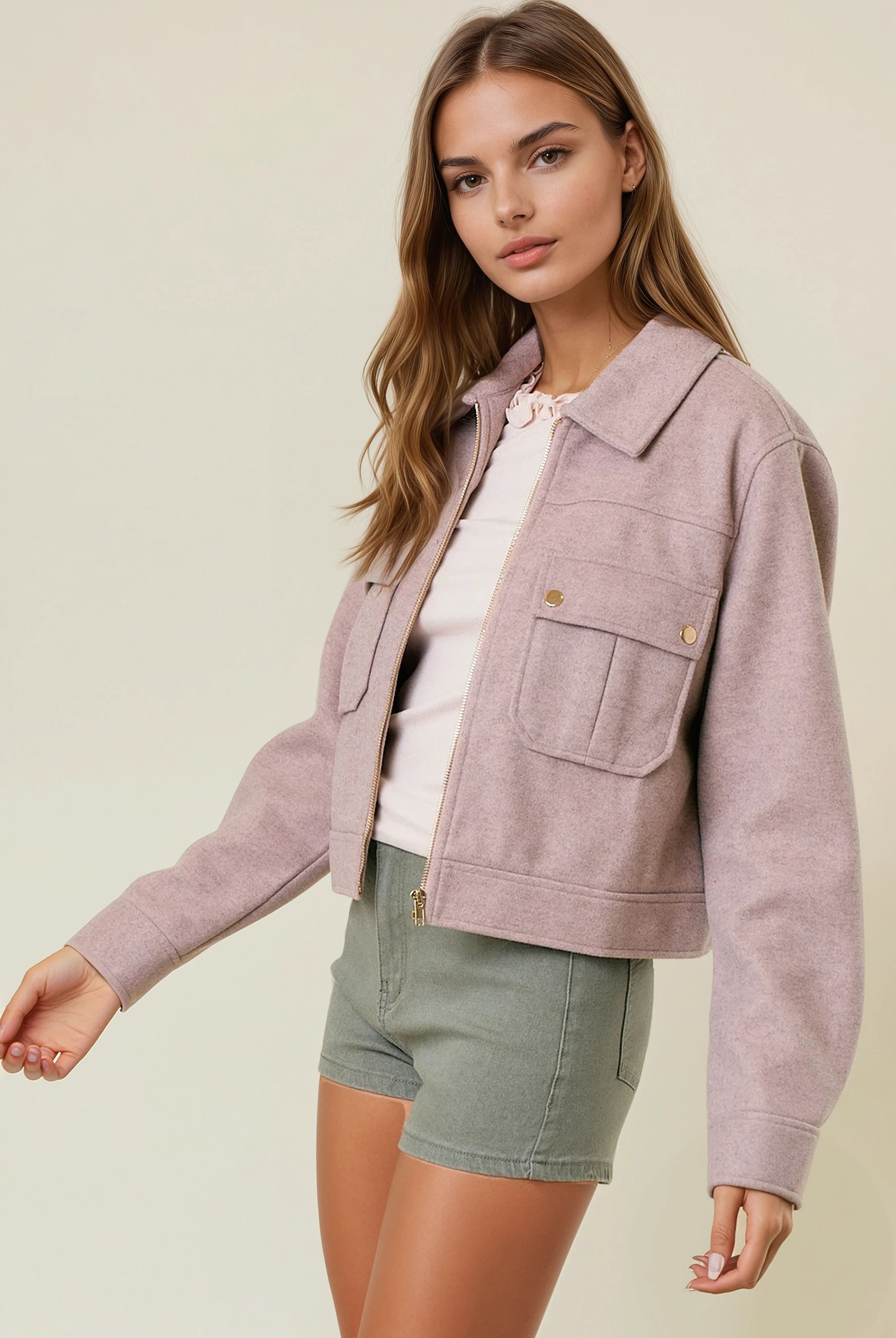 Collared Neck Long Sleeve Zip Jacket with Patch Pockets-Jackets-Krush Kandy, Women's Online Fashion Boutique Located in Phoenix, Arizona (Scottsdale Area)