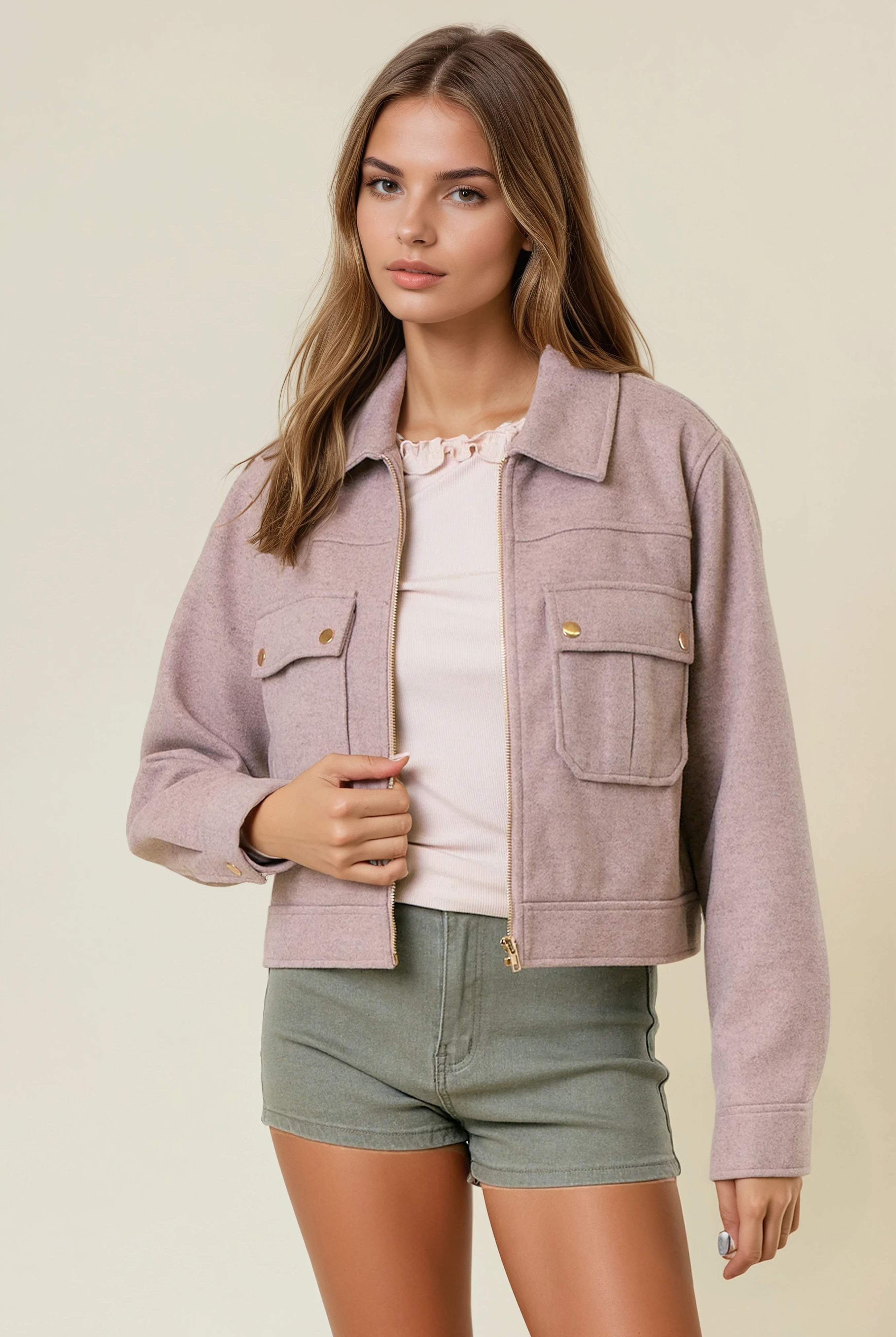 Collared Neck Long Sleeve Zip Jacket with Patch Pockets-Jackets-Krush Kandy, Women's Online Fashion Boutique Located in Phoenix, Arizona (Scottsdale Area)