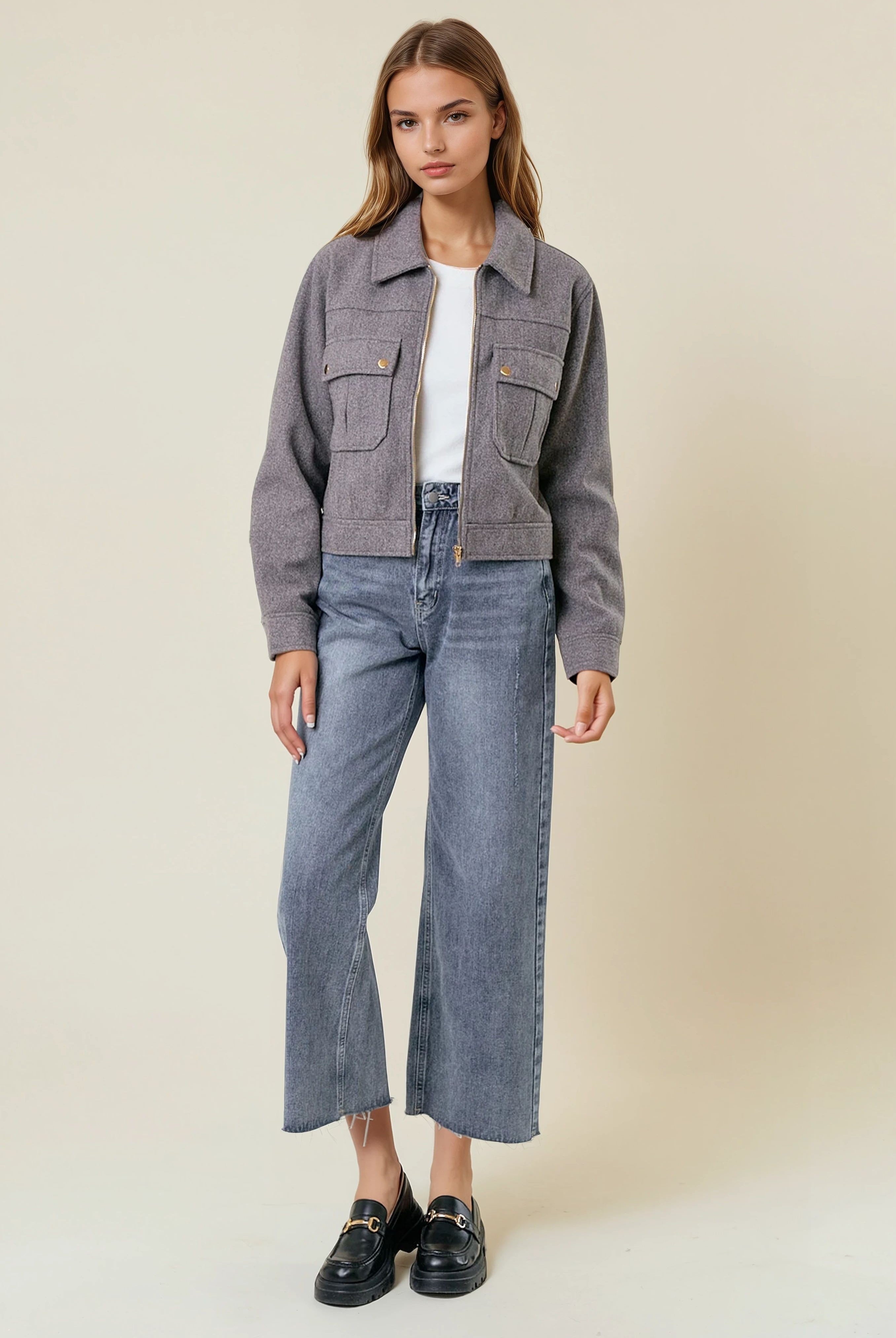 Collared Neck Long Sleeve Zip Jacket with Patch Pockets-Jackets-Krush Kandy, Women's Online Fashion Boutique Located in Phoenix, Arizona (Scottsdale Area)