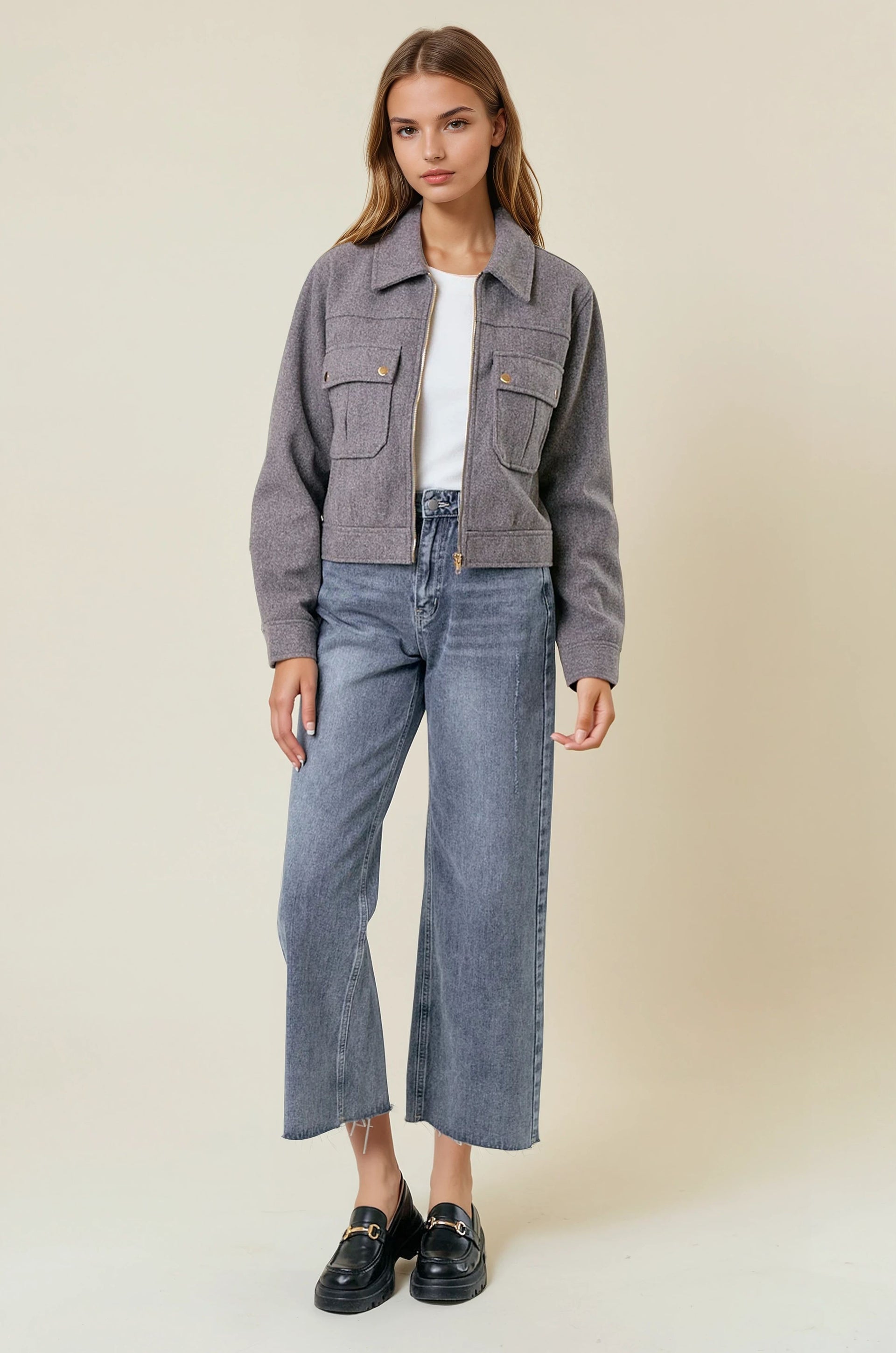 Collared Neck Long Sleeve Zip Jacket with Patch Pockets-Jackets-Krush Kandy, Women's Online Fashion Boutique Located in Phoenix, Arizona (Scottsdale Area)