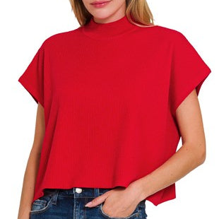 Viscose Mock Neck Short Sleeve Boxy Sweater