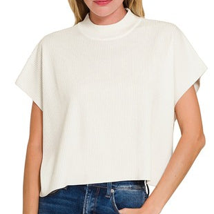 Viscose Mock Neck Short Sleeve Boxy Sweater