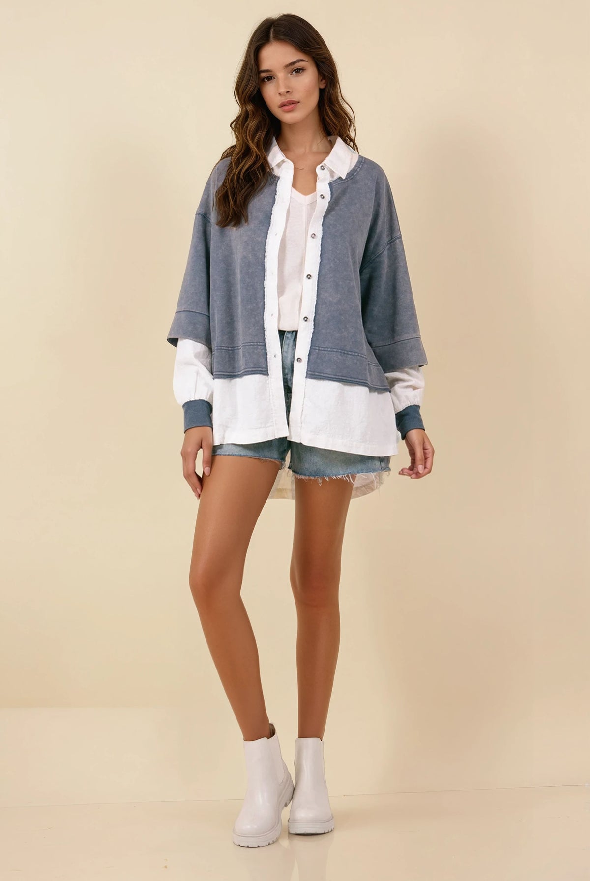Contrast Bottom & Sleeve Layered Collared French Terry Cardigan Jacket-Jackets-Krush Kandy, Women's Online Fashion Boutique Located in Phoenix, Arizona (Scottsdale Area)