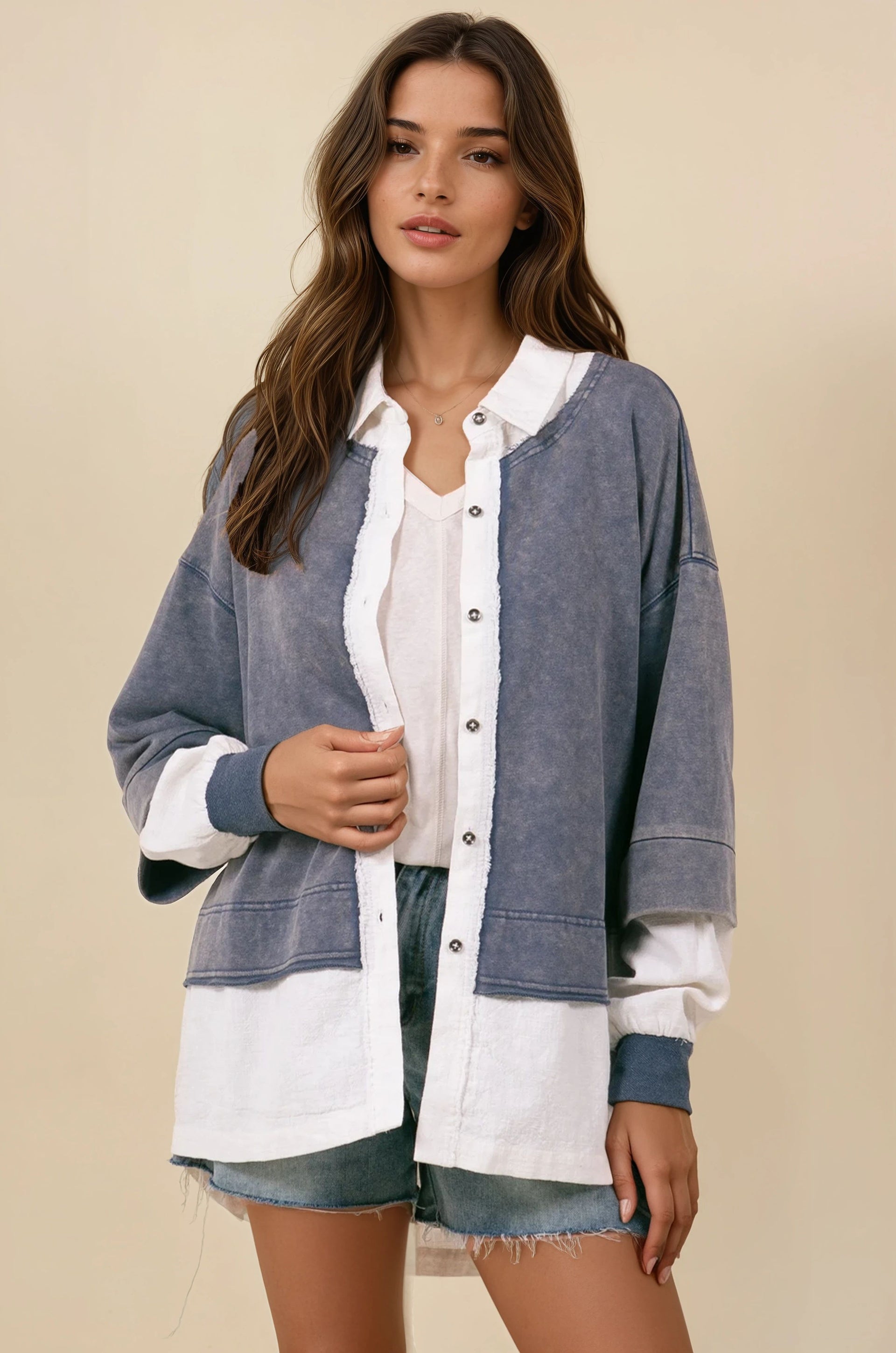 Contrast Bottom & Sleeve Layered Collared French Terry Cardigan Jacket-Jackets-Krush Kandy, Women's Online Fashion Boutique Located in Phoenix, Arizona (Scottsdale Area)