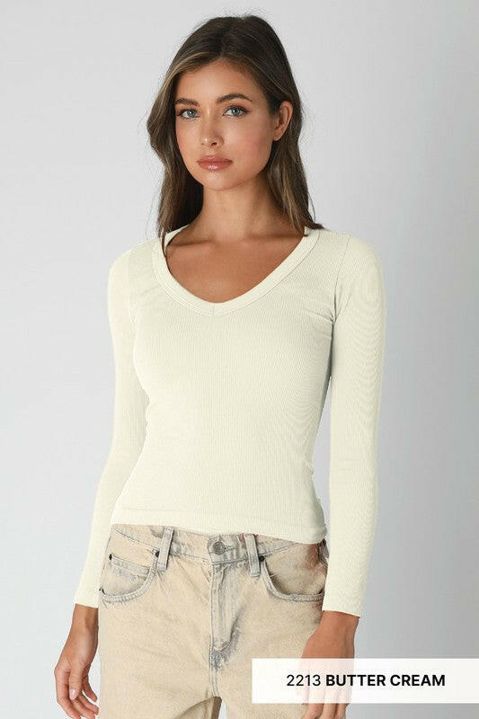 Dreamfit Deep V-Neck Long Sleeve - PREORDER-Long Sleeve Tops-Krush Kandy, Women's Online Fashion Boutique Located in Phoenix, Arizona (Scottsdale Area)