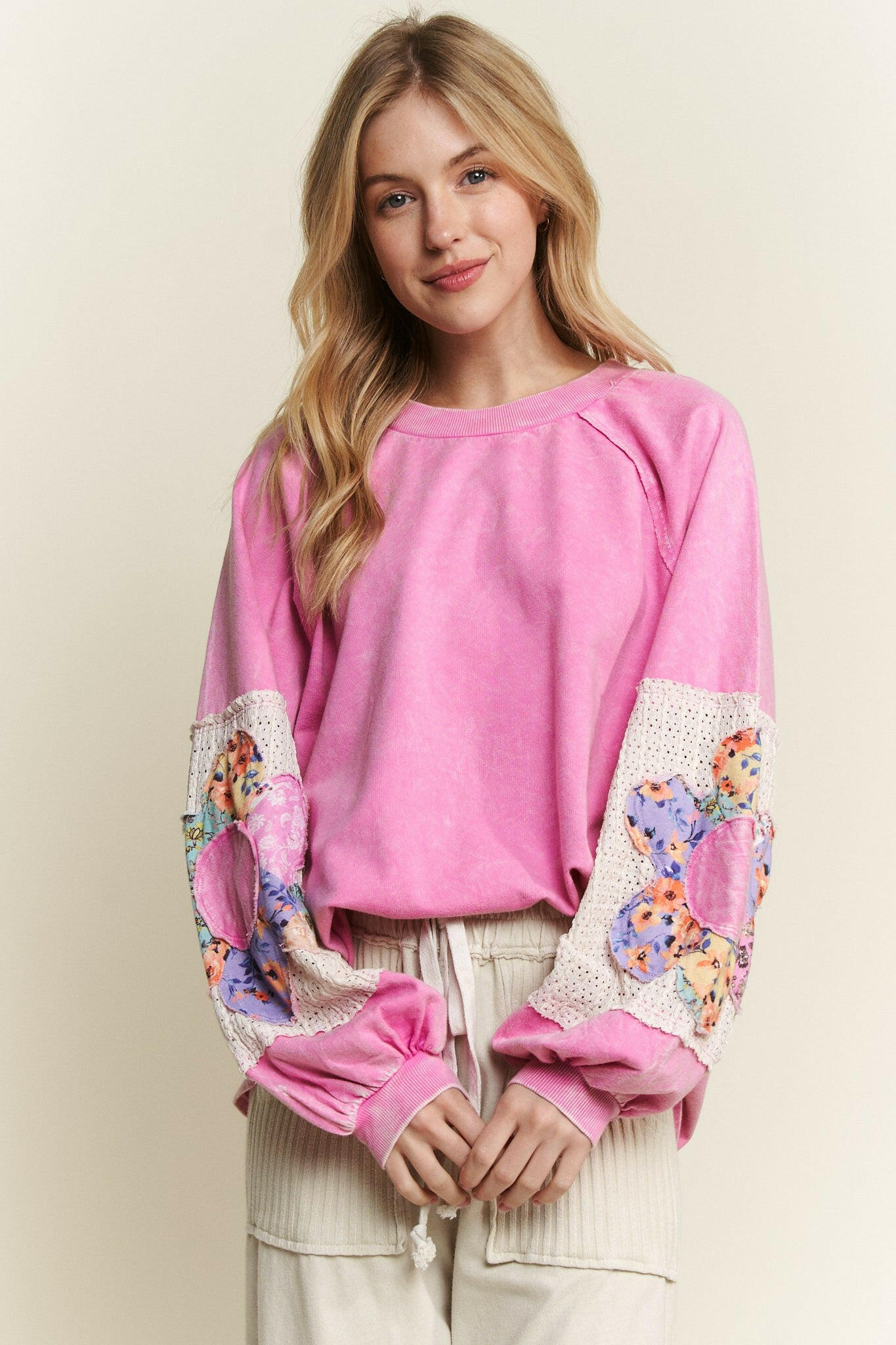 Patchwork Bloom Sleeve Pullover-Long Sleeve Tops-Krush Kandy, Women's Online Fashion Boutique Located in Phoenix, Arizona (Scottsdale Area)