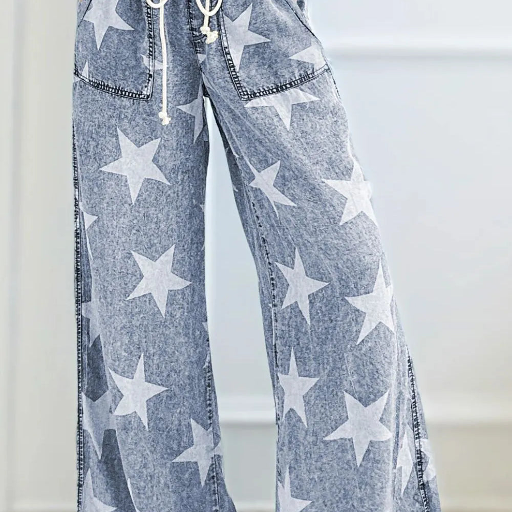 Star Print Washed Drawstring High Waist Wide Leg Jeans-Krush Kandy, Women's Online Fashion Boutique Located in Phoenix, Arizona (Scottsdale Area)