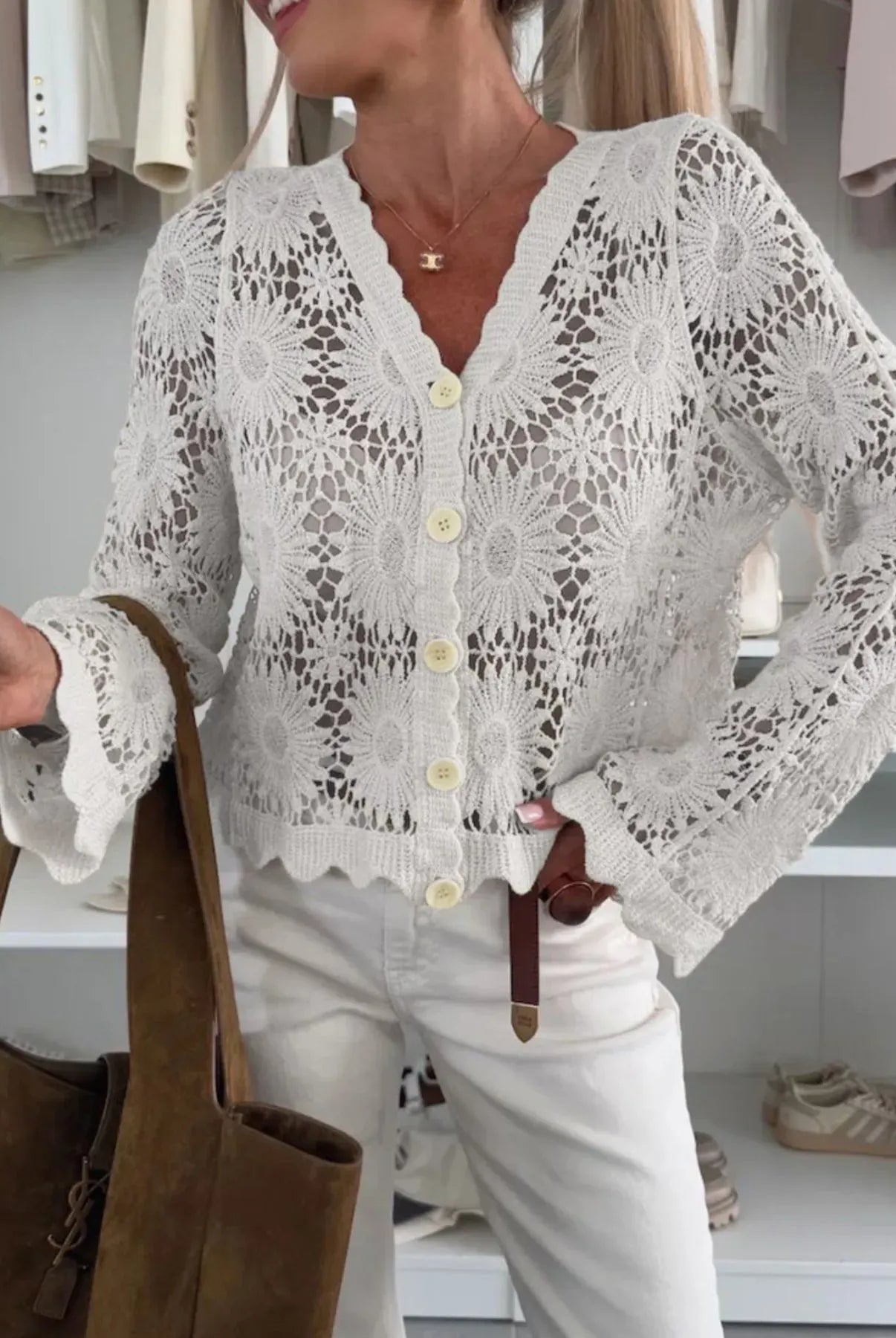 Lace V-Neck Button-Up Cardigan-Tops-Krush Kandy, Women's Online Fashion Boutique Located in Phoenix, Arizona (Scottsdale Area)
