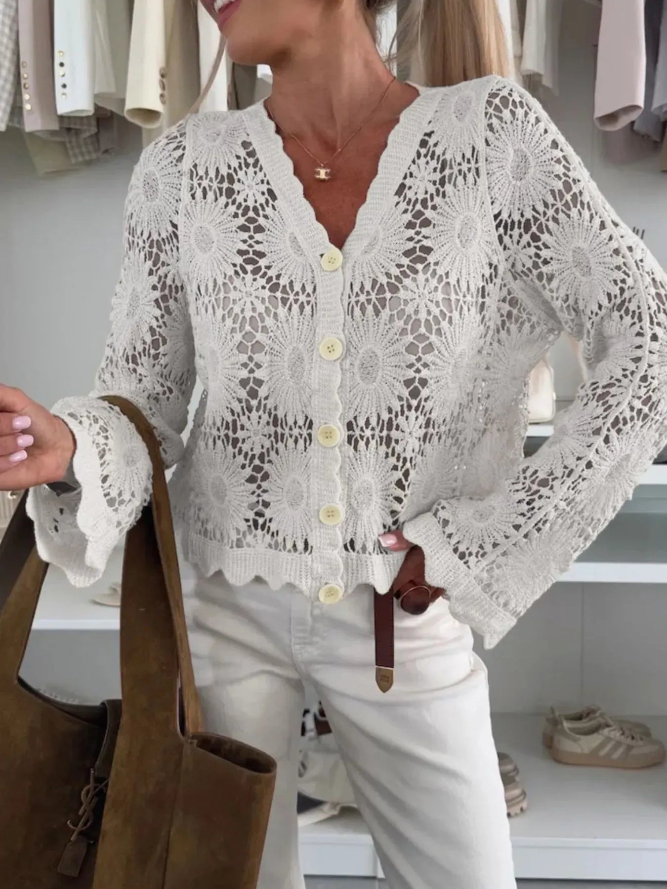 Lace V-Neck Button-Up Cardigan-Tops-Krush Kandy, Women's Online Fashion Boutique Located in Phoenix, Arizona (Scottsdale Area)