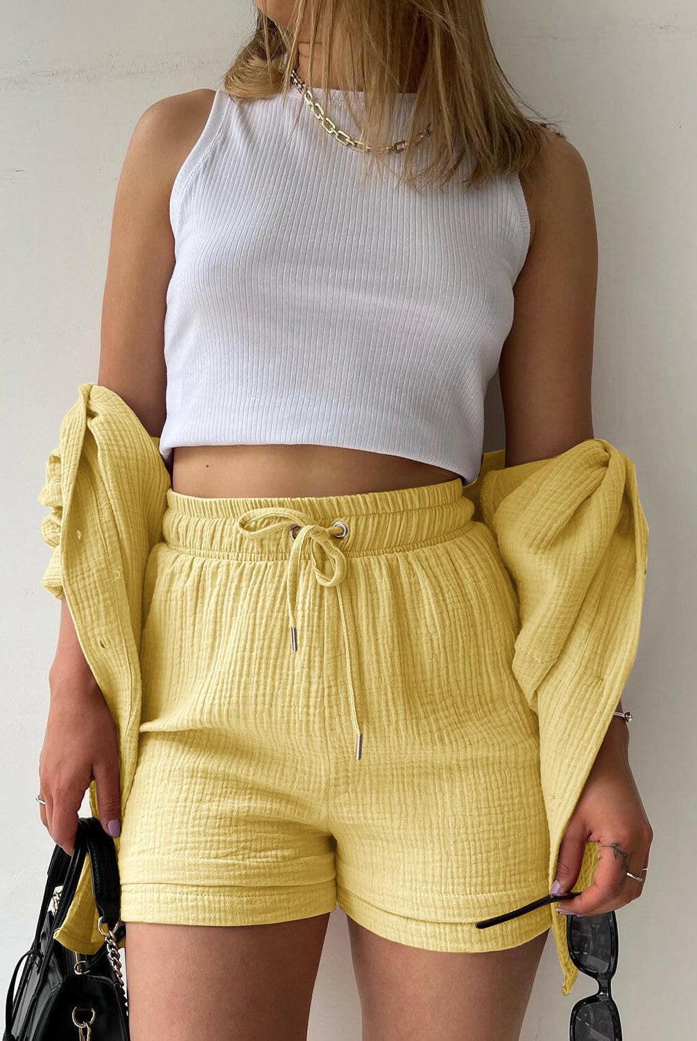 Kinsley Texture Button-Up Shirt and Drawstring Shorts Set-Krush Kandy, Women's Online Fashion Boutique Located in Phoenix, Arizona (Scottsdale Area)