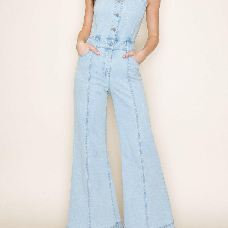 Wide Leg Denim Jumpsuit-Jumpsuits & Rompers-Krush Kandy, Women's Online Fashion Boutique Located in Phoenix, Arizona (Scottsdale Area)