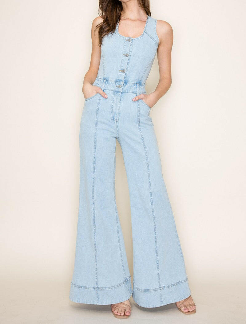Wide Leg Denim Jumpsuit-Jumpsuits & Rompers-Krush Kandy, Women's Online Fashion Boutique Located in Phoenix, Arizona (Scottsdale Area)