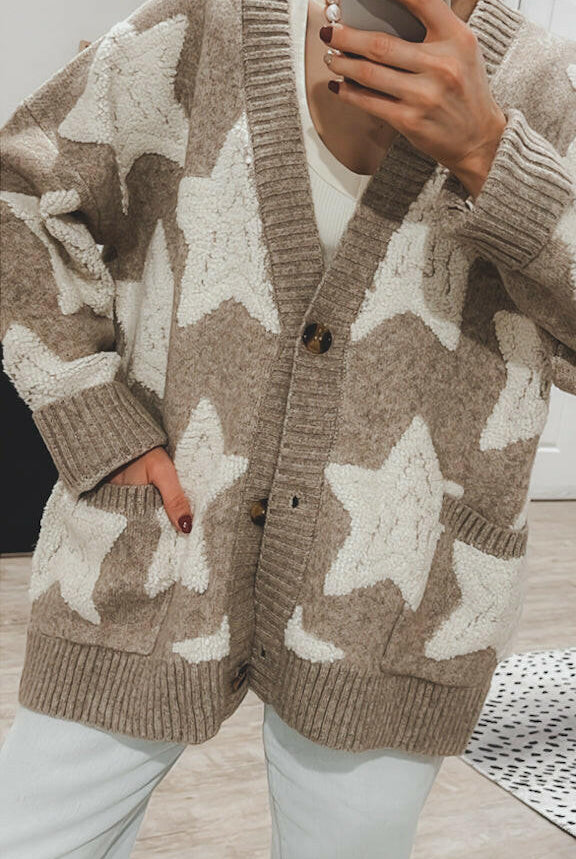 Starry Comfort: Sherpa Accent Star Oversized Cardigan-Cardigans-Krush Kandy, Women's Online Fashion Boutique Located in Phoenix, Arizona (Scottsdale Area)