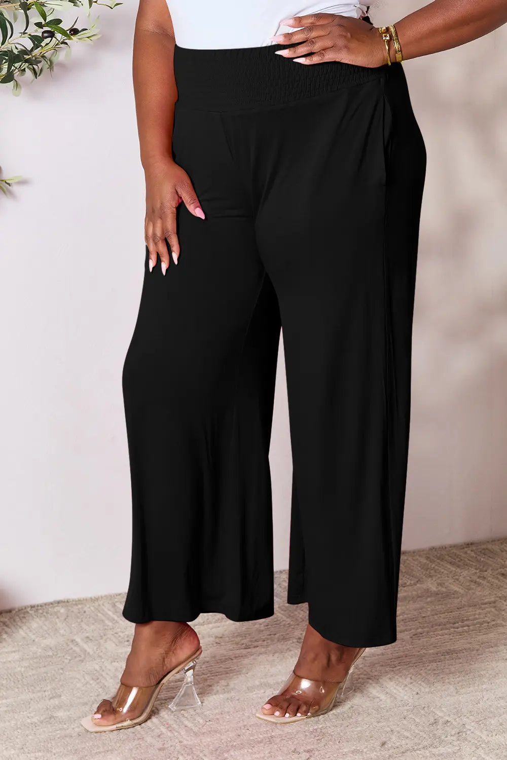 Full Size Smocked Wide Waistband Wide Leg Pants-Pants-Krush Kandy, Women's Online Fashion Boutique Located in Phoenix, Arizona (Scottsdale Area)