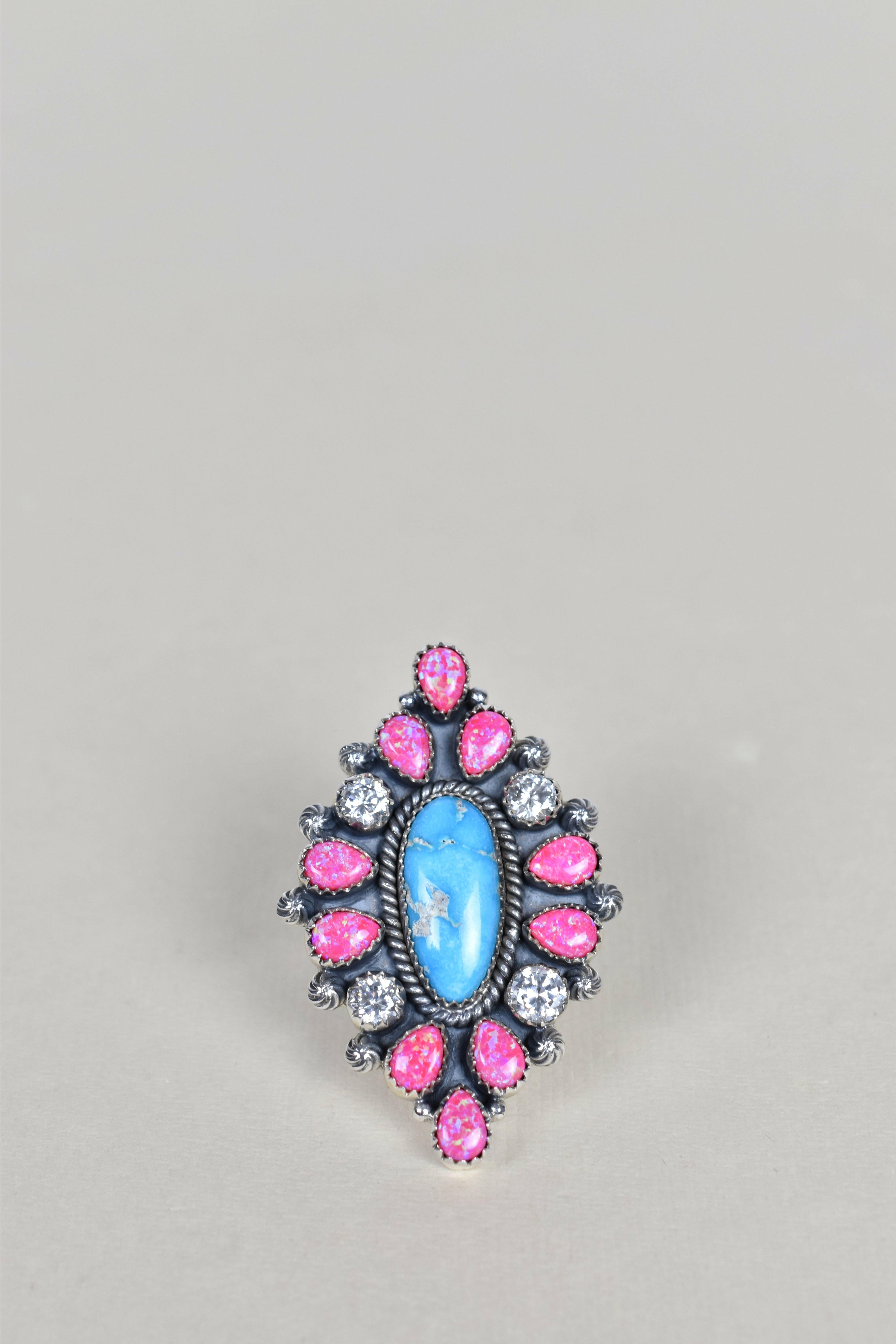 Blue Ridge Turquoise, Neon Pink Opal & Crystal One of A Kind Ring-Cluster Rings-Krush Kandy, Women's Online Fashion Boutique Located in Phoenix, Arizona (Scottsdale Area)