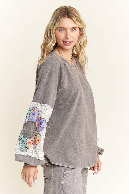 Patchwork Bloom Sleeve Pullover-Long Sleeve Tops-Krush Kandy, Women's Online Fashion Boutique Located in Phoenix, Arizona (Scottsdale Area)