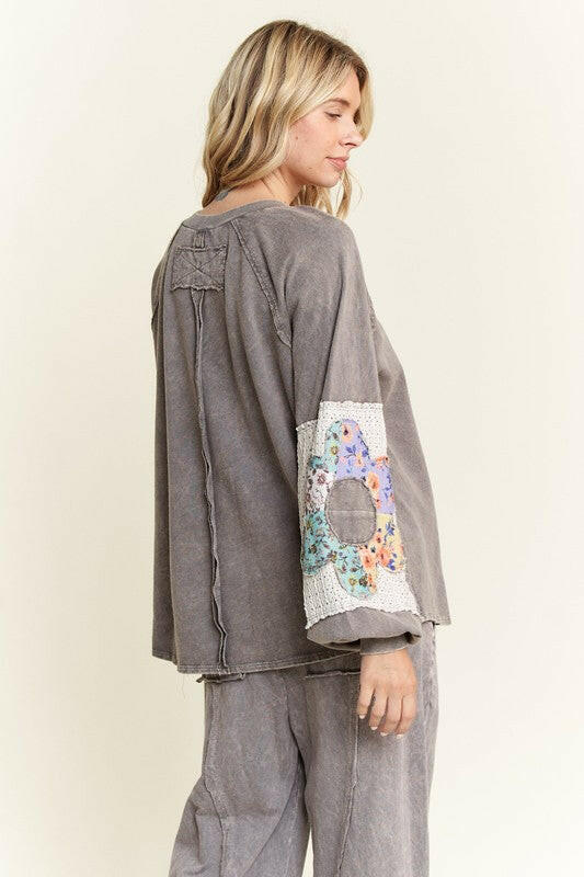 Patchwork Bloom Sleeve Pullover-Long Sleeve Tops-Krush Kandy, Women's Online Fashion Boutique Located in Phoenix, Arizona (Scottsdale Area)