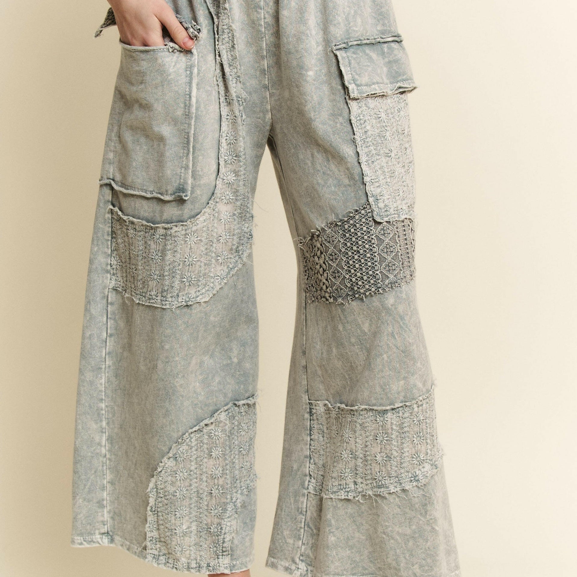 J.HER Mineral Washed Wavy Eyelet Lace Cargo Pants-Pants-Krush Kandy, Women's Online Fashion Boutique Located in Phoenix, Arizona (Scottsdale Area)