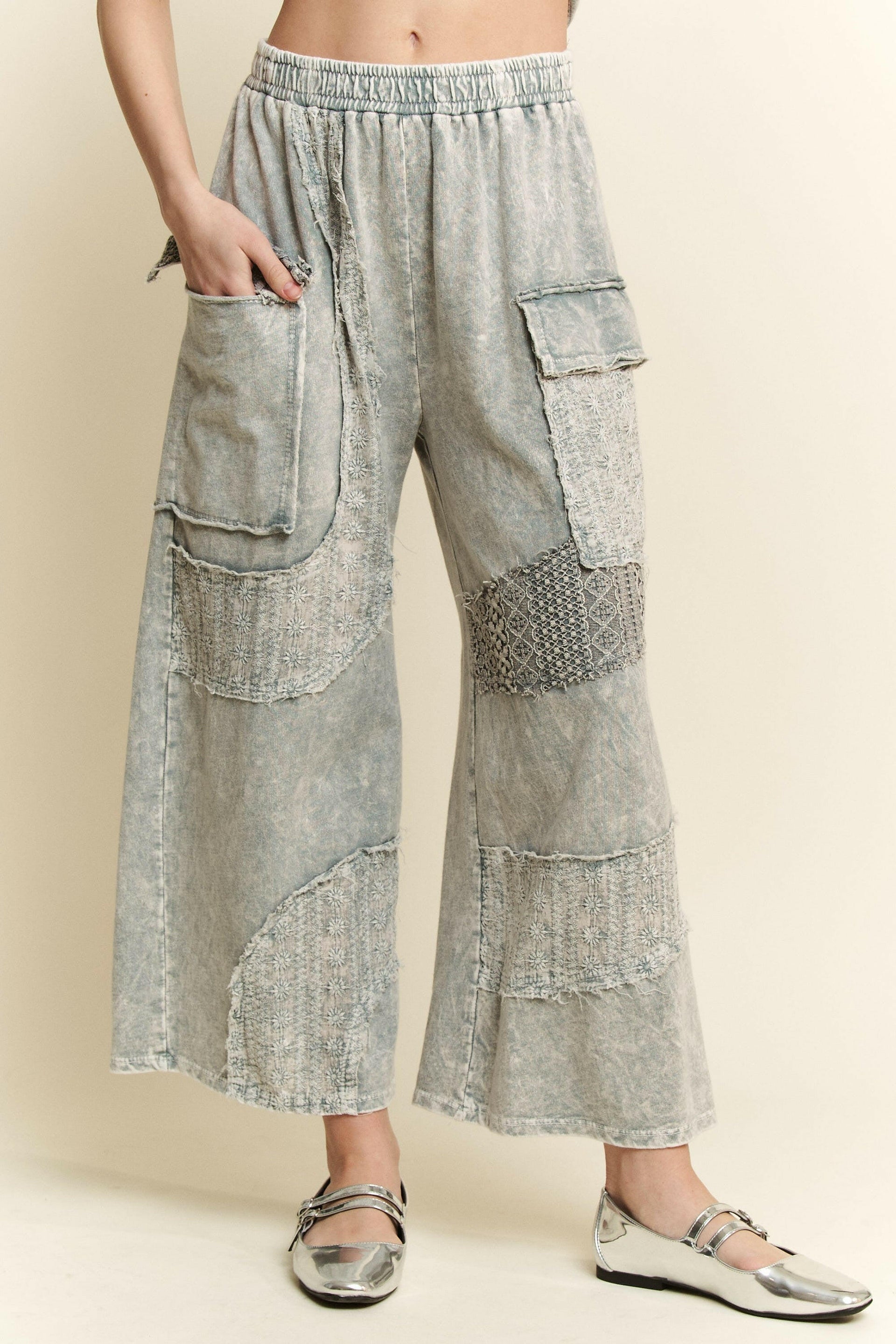 J.HER Mineral Washed Wavy Eyelet Lace Cargo Pants-Pants-Krush Kandy, Women's Online Fashion Boutique Located in Phoenix, Arizona (Scottsdale Area)