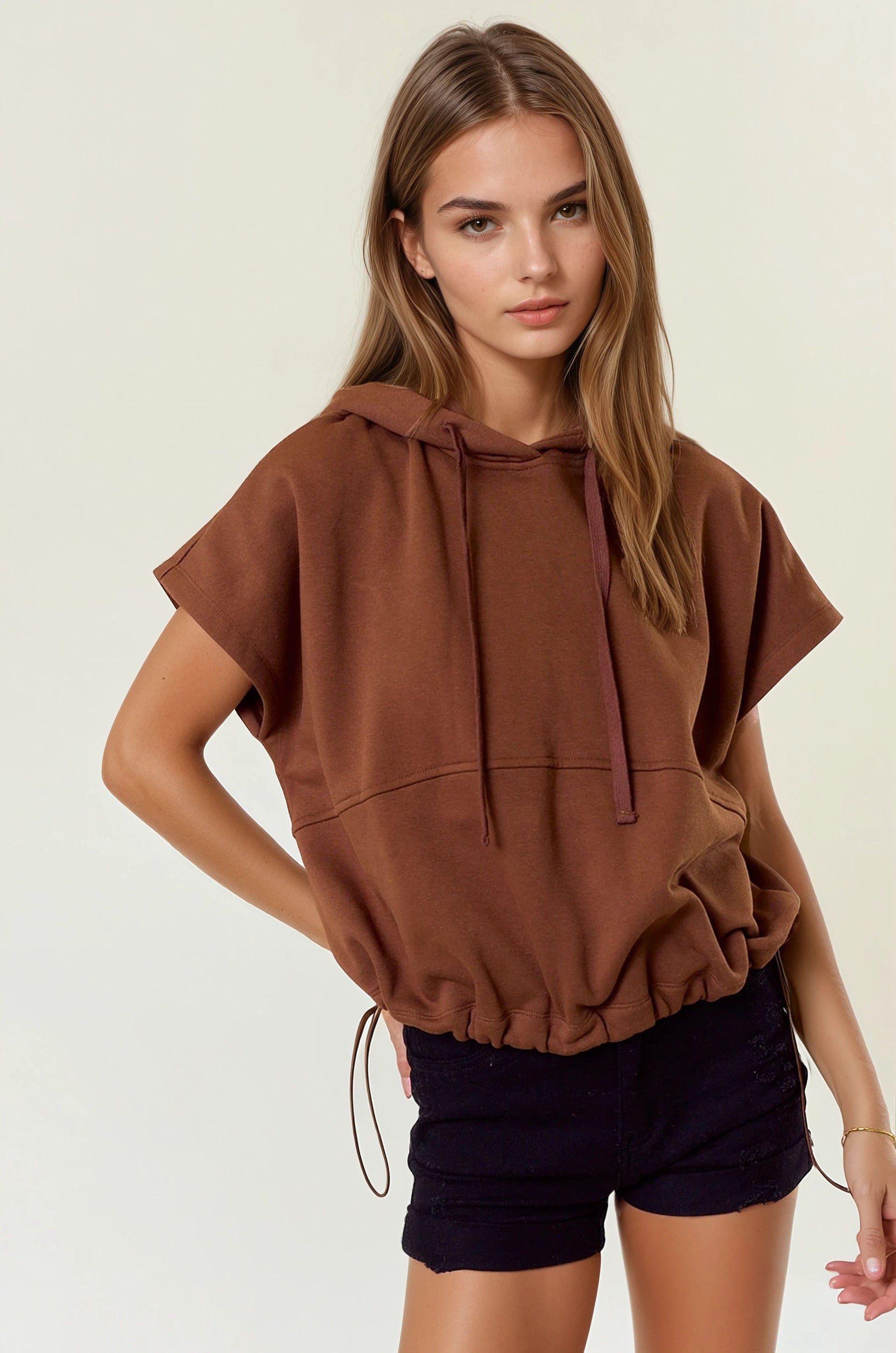 Fleece Drawstring Bottom Sleeveless Oversized Crop Hoodie-Tops-Krush Kandy, Women's Online Fashion Boutique Located in Phoenix, Arizona (Scottsdale Area)