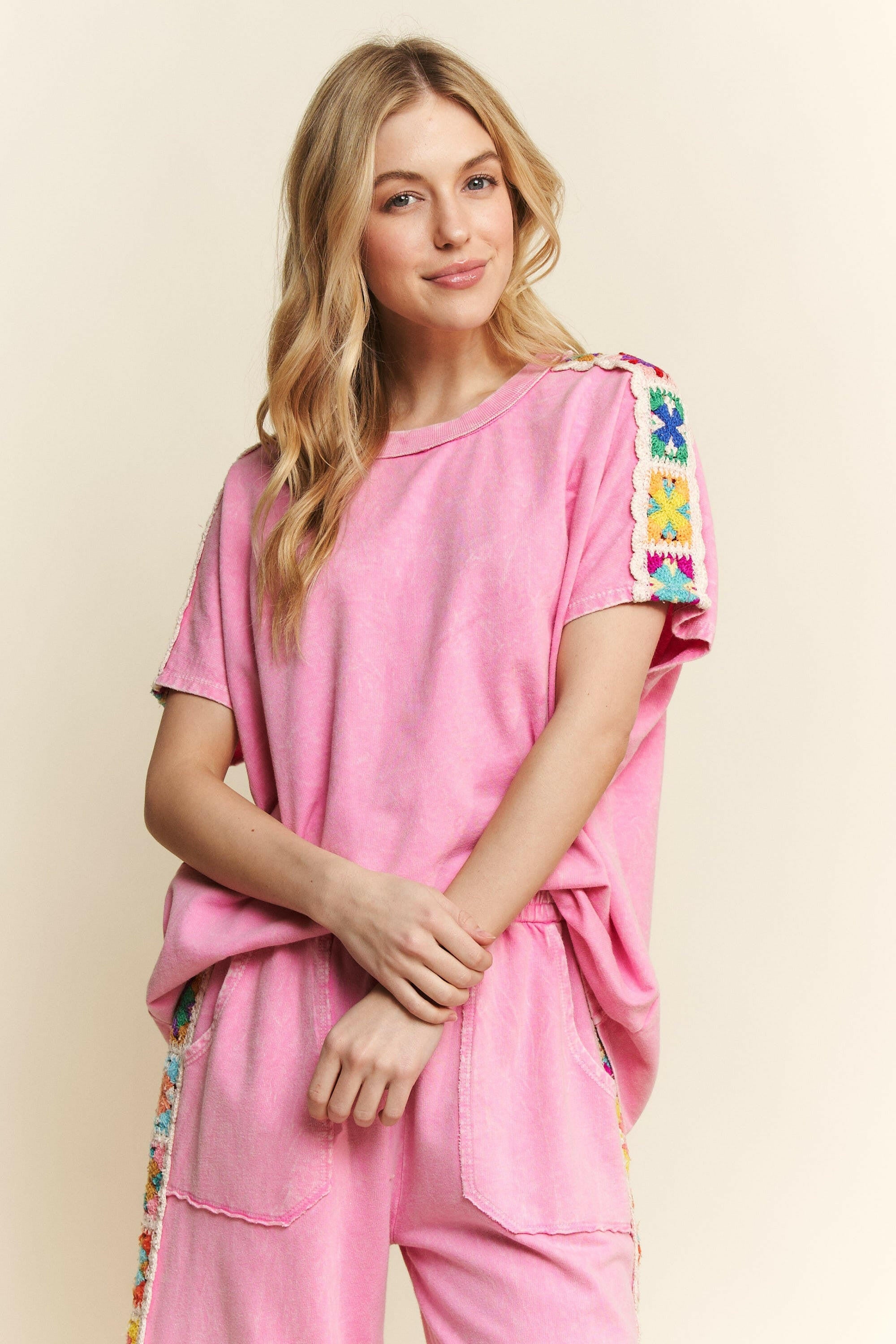 Bubblegum Bloom Crochet Sleeve Top-Tops-Krush Kandy, Women's Online Fashion Boutique Located in Phoenix, Arizona (Scottsdale Area)