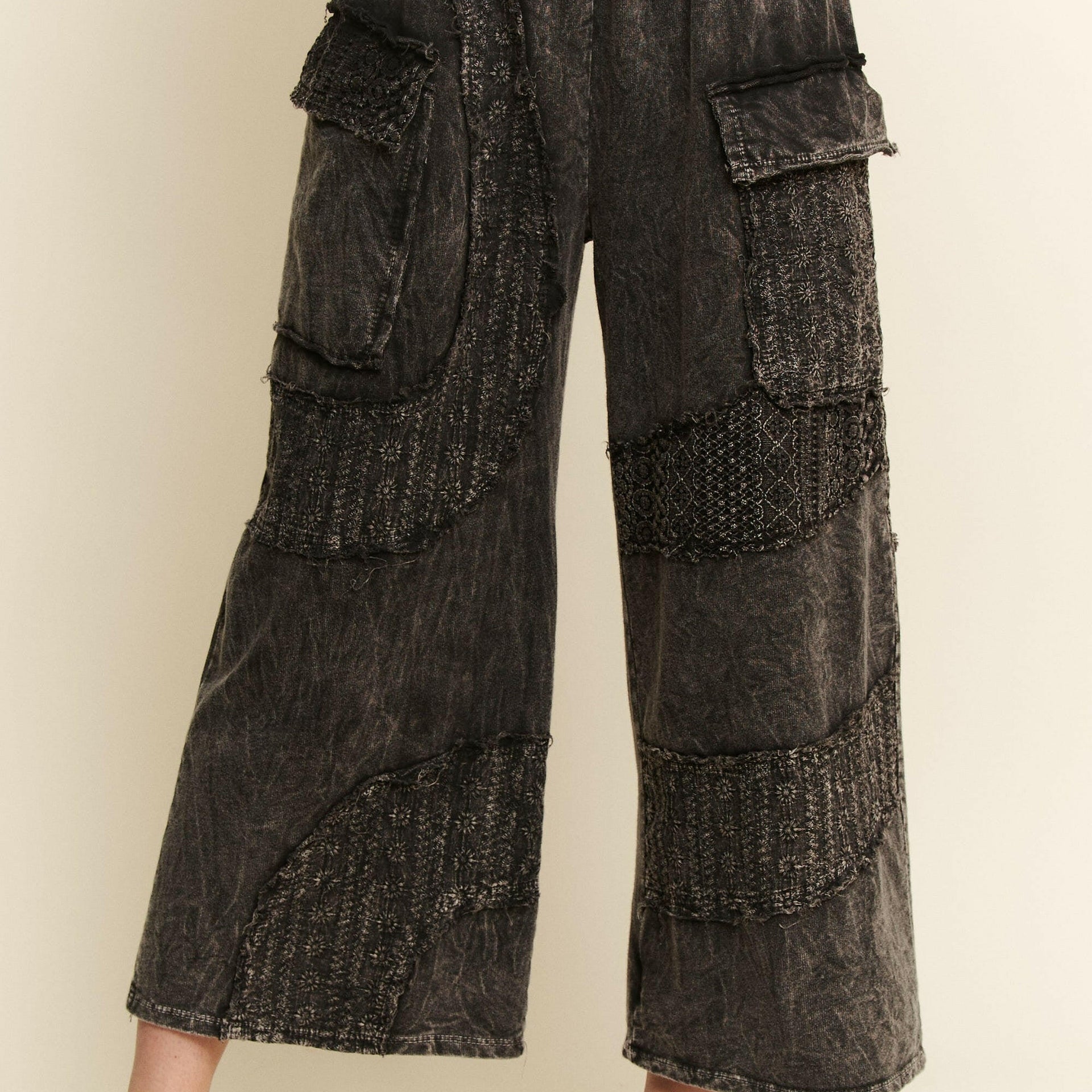 J.HER Mineral Washed Wavy Eyelet Lace Cargo Pants-Pants-Krush Kandy, Women's Online Fashion Boutique Located in Phoenix, Arizona (Scottsdale Area)