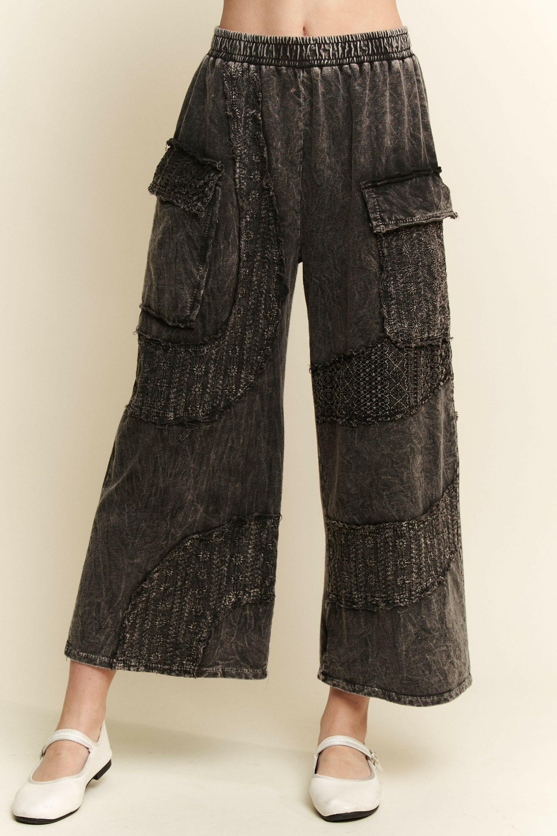 J.HER Mineral Washed Wavy Eyelet Lace Cargo Pants-Pants-Krush Kandy, Women's Online Fashion Boutique Located in Phoenix, Arizona (Scottsdale Area)