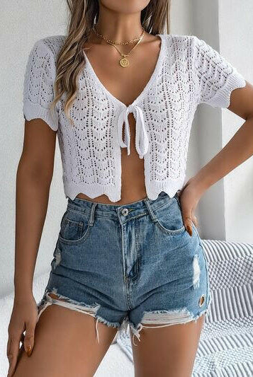 Tied Openwork Short Sleeve Cardigan-Krush Kandy, Women's Online Fashion Boutique Located in Phoenix, Arizona (Scottsdale Area)