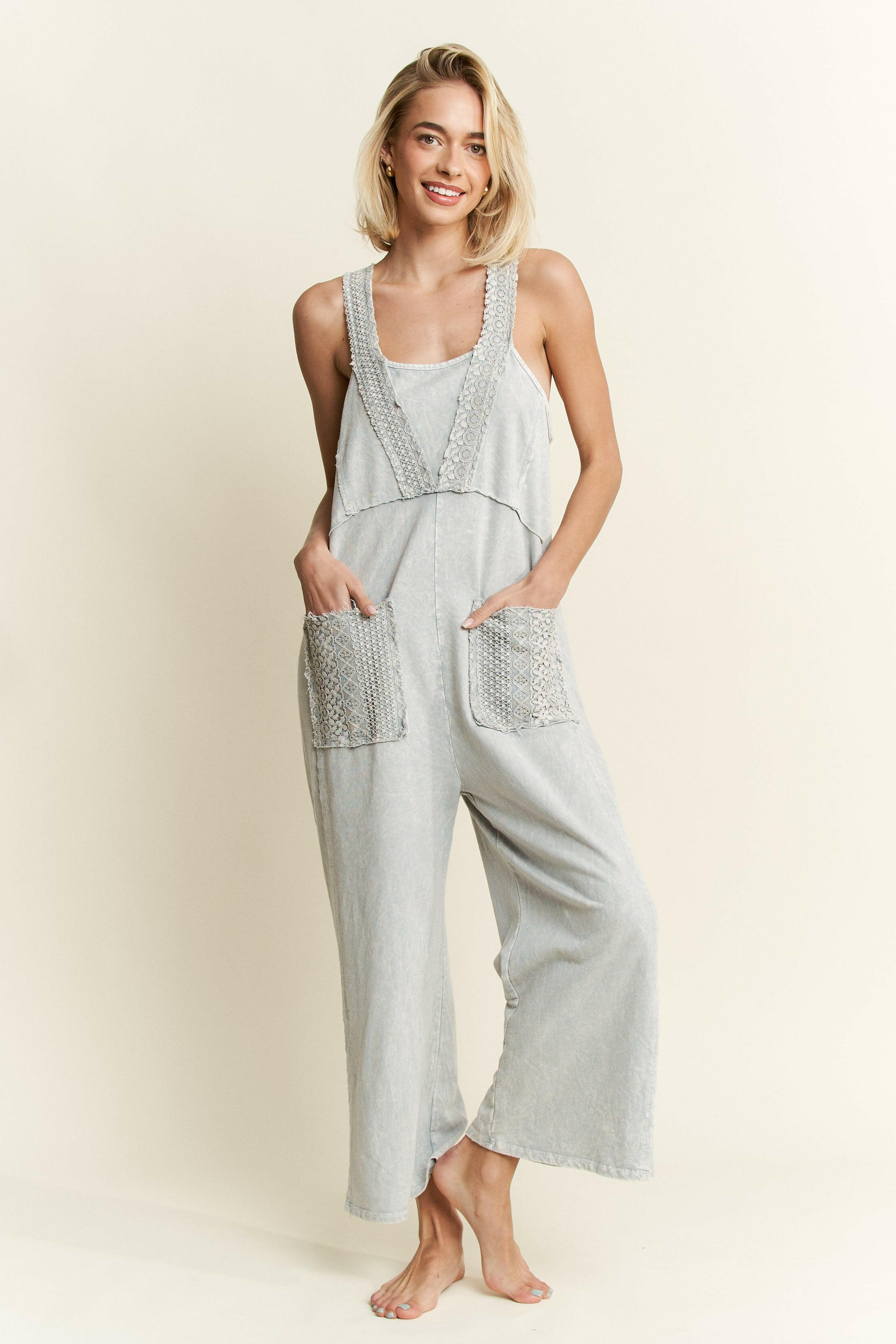 Mineral Washed Lace Boho Jumpsuit-Jumpsuits & Rompers-Krush Kandy, Women's Online Fashion Boutique Located in Phoenix, Arizona (Scottsdale Area)
