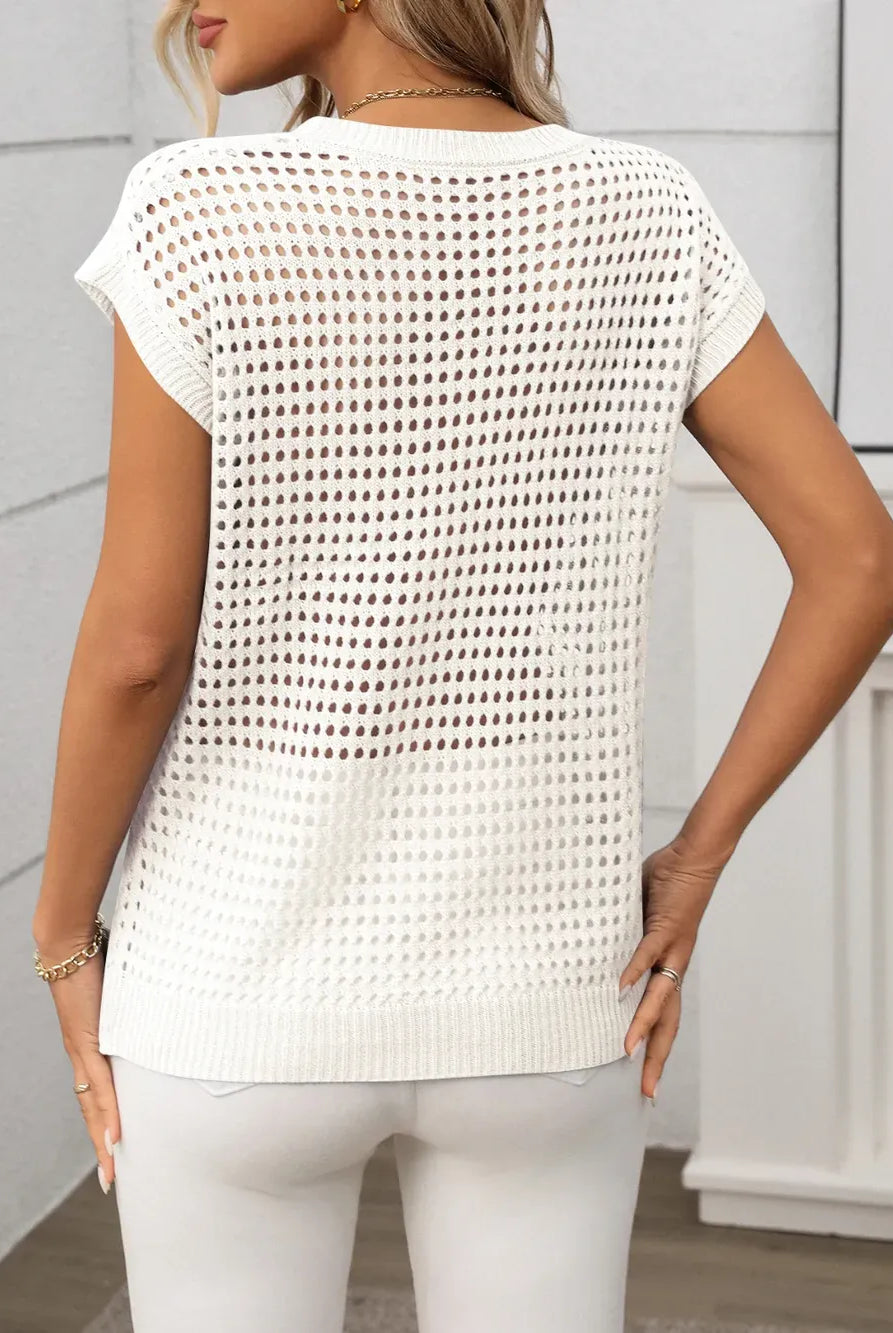 Openwork Round Neck Short Sleeve Knit Cover Up-Krush Kandy, Women's Online Fashion Boutique Located in Phoenix, Arizona (Scottsdale Area)