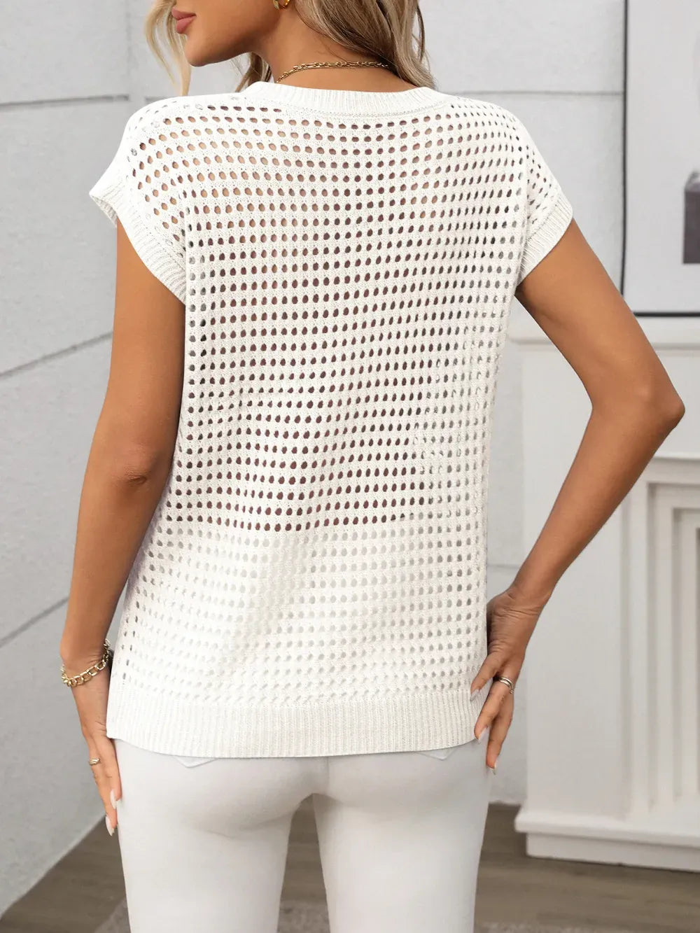 Openwork Round Neck Short Sleeve Knit Cover Up-Krush Kandy, Women's Online Fashion Boutique Located in Phoenix, Arizona (Scottsdale Area)