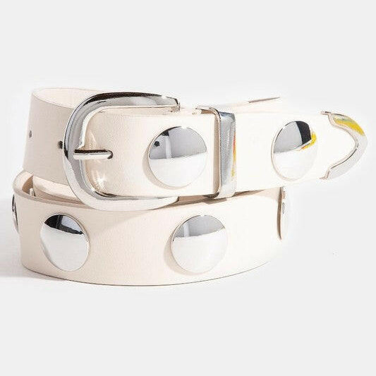 Metallic Disc Studded Faux Leather Belt-Accessories-Krush Kandy, Women's Online Fashion Boutique Located in Phoenix, Arizona (Scottsdale Area)