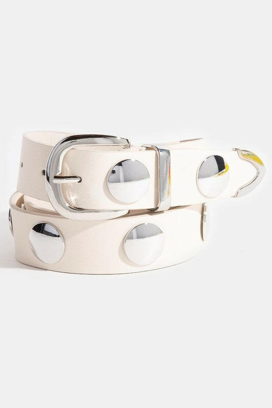 Metallic Disc Studded Faux Leather Belt-Accessories-Krush Kandy, Women's Online Fashion Boutique Located in Phoenix, Arizona (Scottsdale Area)