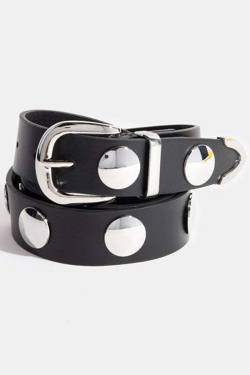 Metallic Disc Studded Faux Leather Belt-Accessories-Krush Kandy, Women's Online Fashion Boutique Located in Phoenix, Arizona (Scottsdale Area)